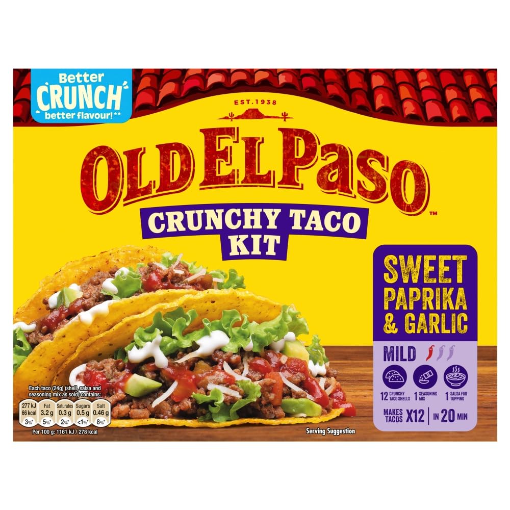 Old El Paso Paprika & Garlic Crunchy Taco Kit - 12 Taco Shells, Seasoning Mix & Salsa - Mild Chilli - 287g 1