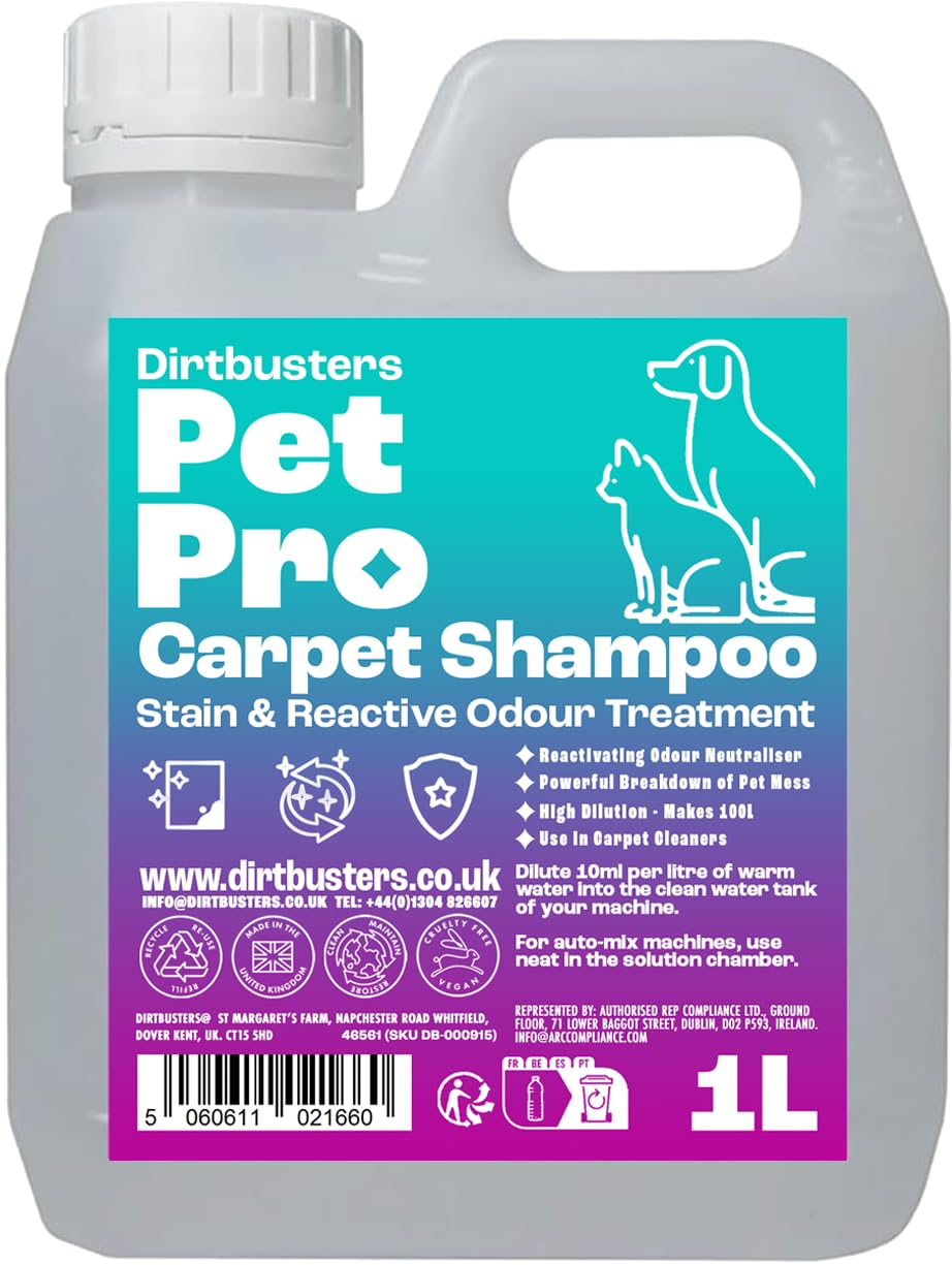 Dirtbusters Pet Pro Carpet Cleaner Shampoo - Concentrated 1L, Makes 100L, Low pH Formula