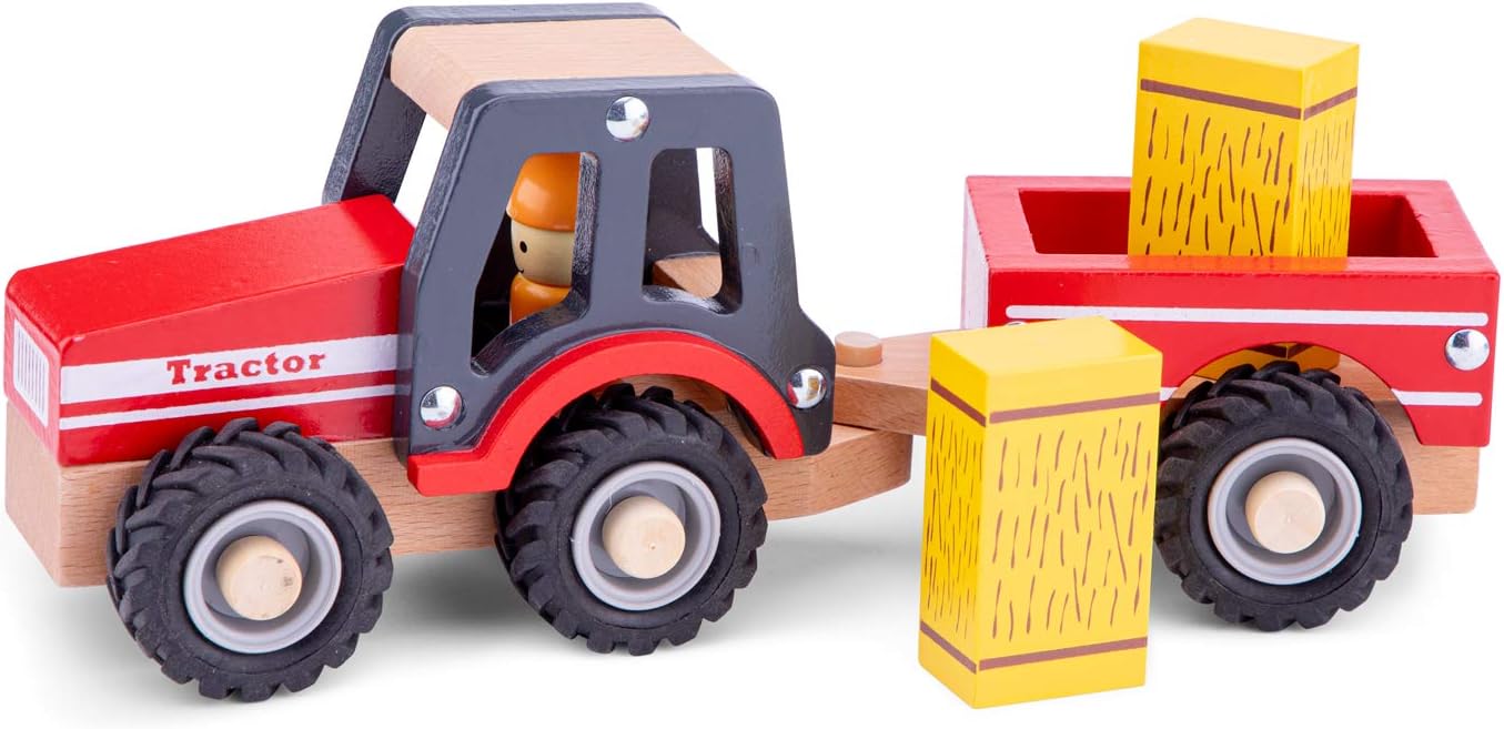 New Classic Toys Wooden Tractor with Trailer and Hay Stacks - Educational Farm Vehicle for Toddlers 18 Months+