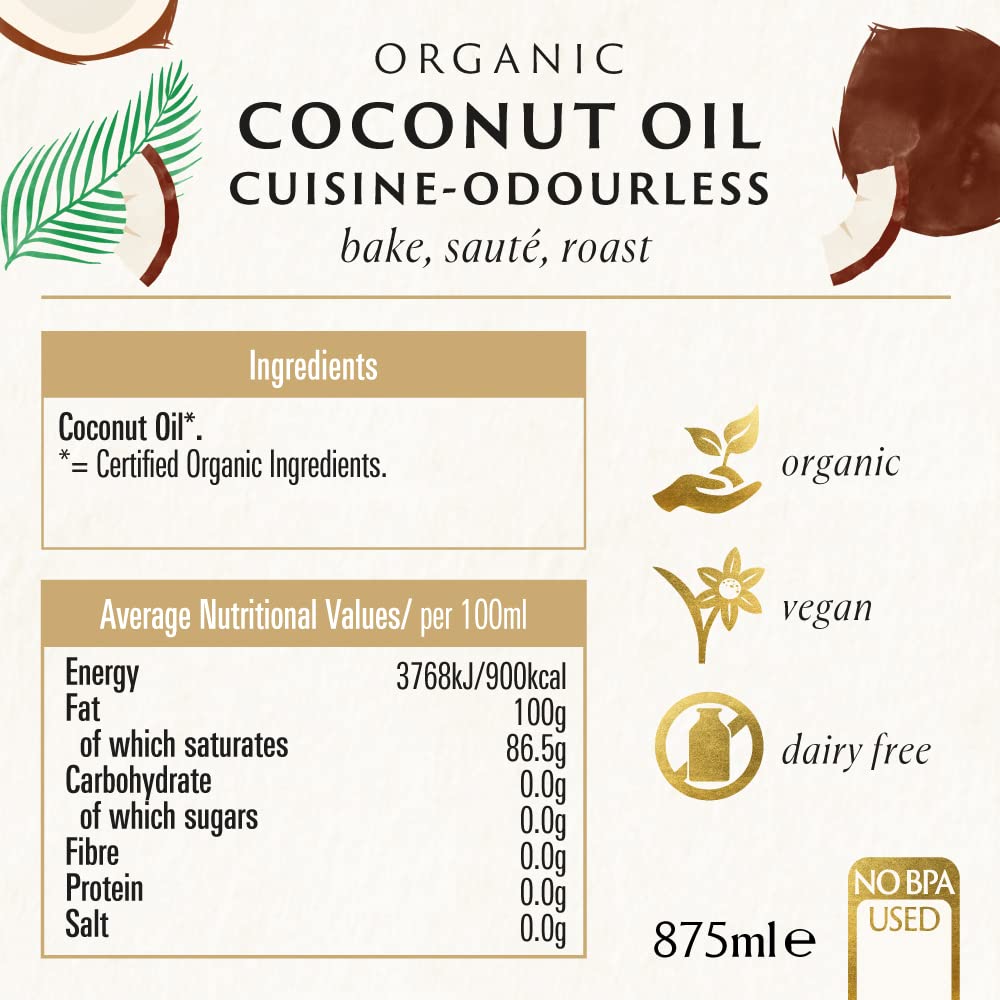 Biona Organic Coconut Oil Cuisine - Mild & Odourless for High-Temp Cooking | 875 ml | Dairy Free 2