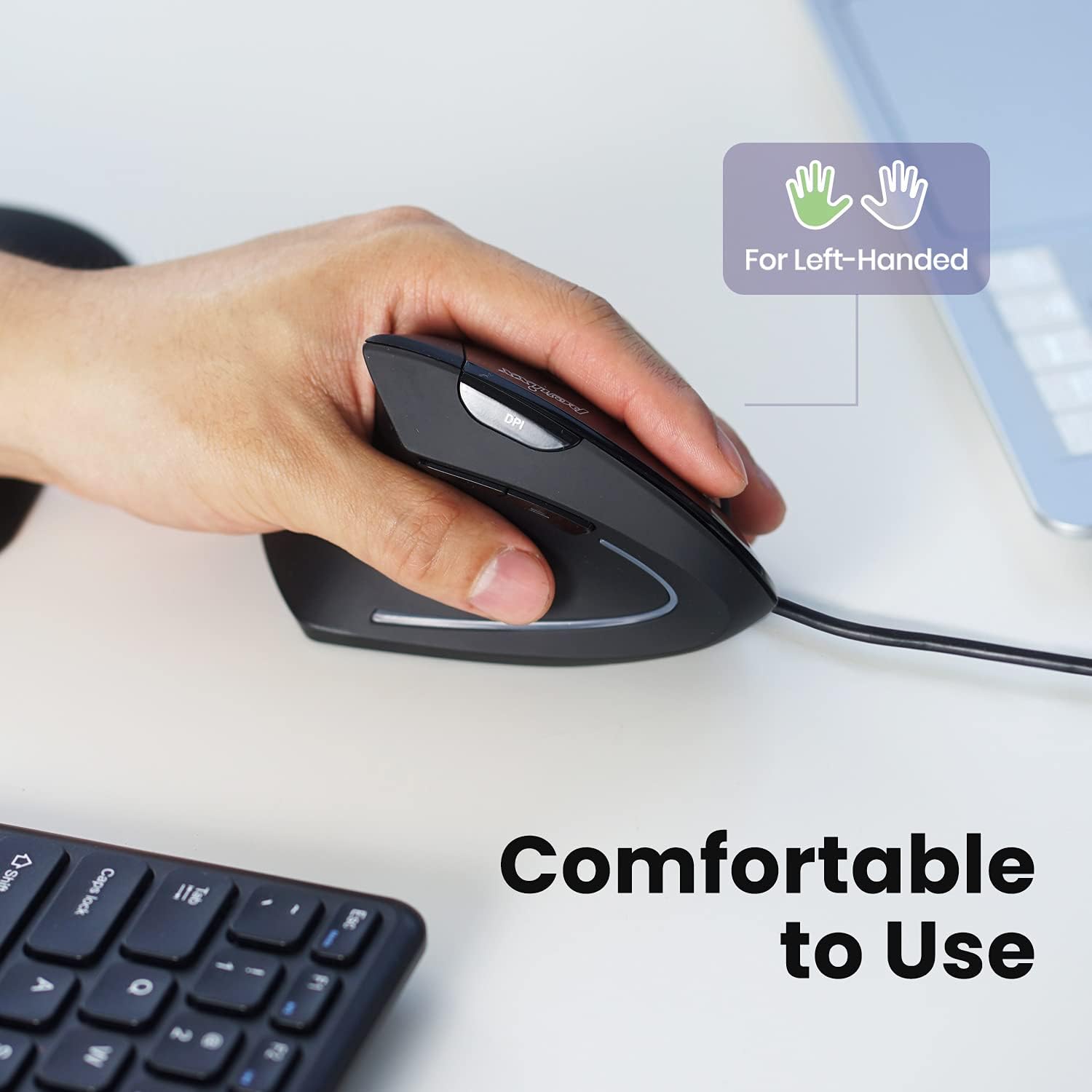 Perixx PERIMICE-513L Left-Handed Wired Vertical Mouse - 6 Button Optical with 1000/1600/3200/6400 DPI, Black 6