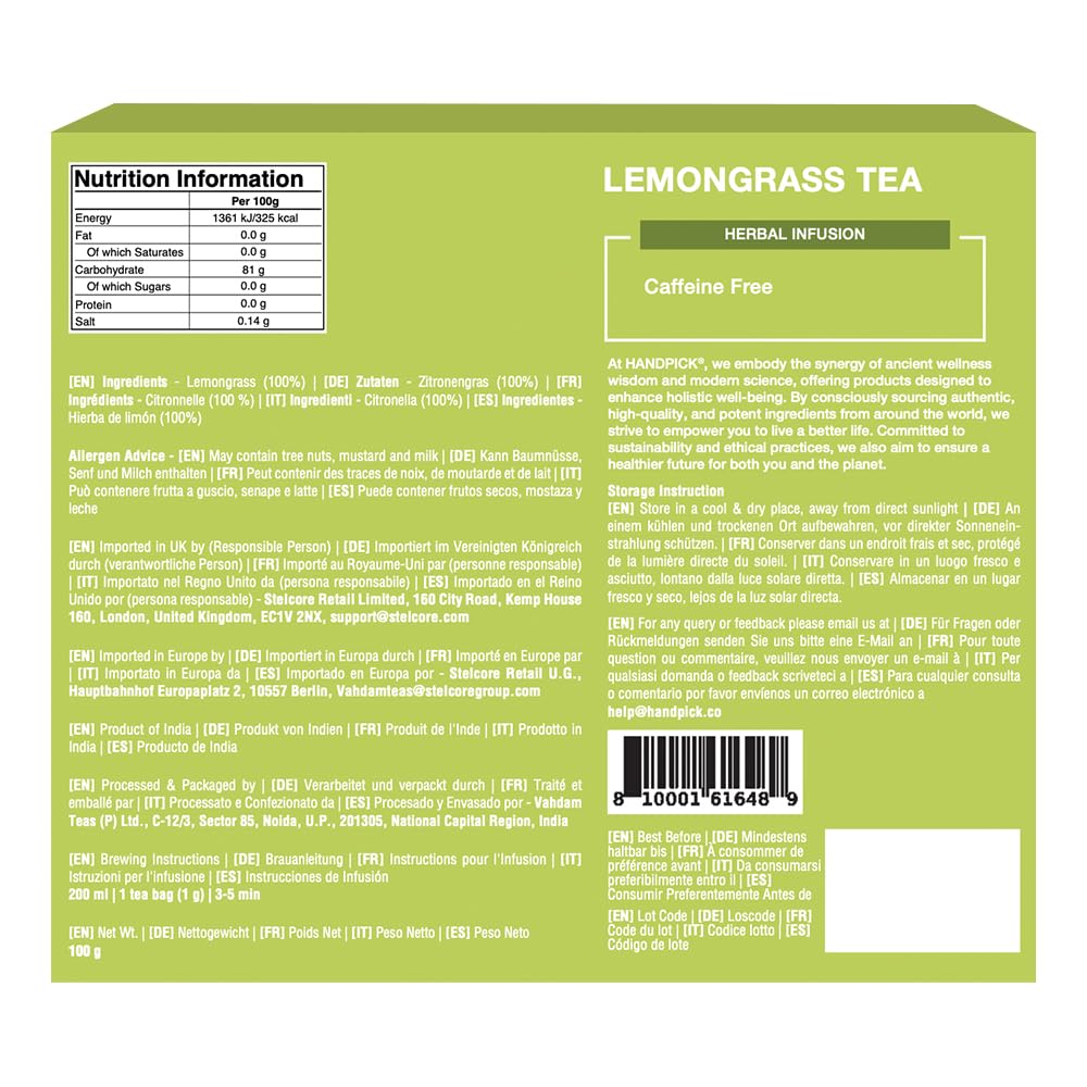 HANDPICK Lemongrass Tea Bags (100 Count) Non-GMO, Caffeine Free