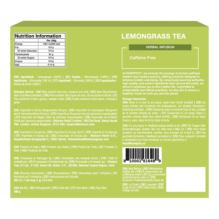 HANDPICK Lemongrass Tea Bags (100 Count) Non-GMO, Caffeine Free
