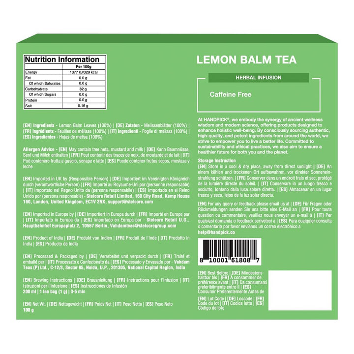 HANDPICK Lemon Balm Tea Bags – 100 Count | Caffeine-Free, Gluten-Free Herbal Tea from India