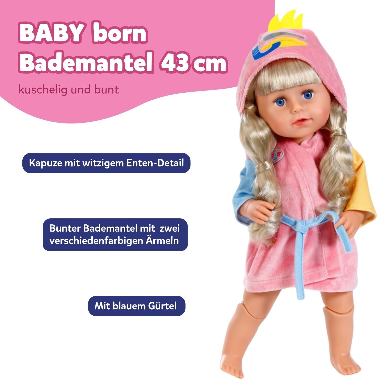 BABY born Bathrobe for 43cm Dolls - Pink Duck Hood | Polyester | Ages 3+