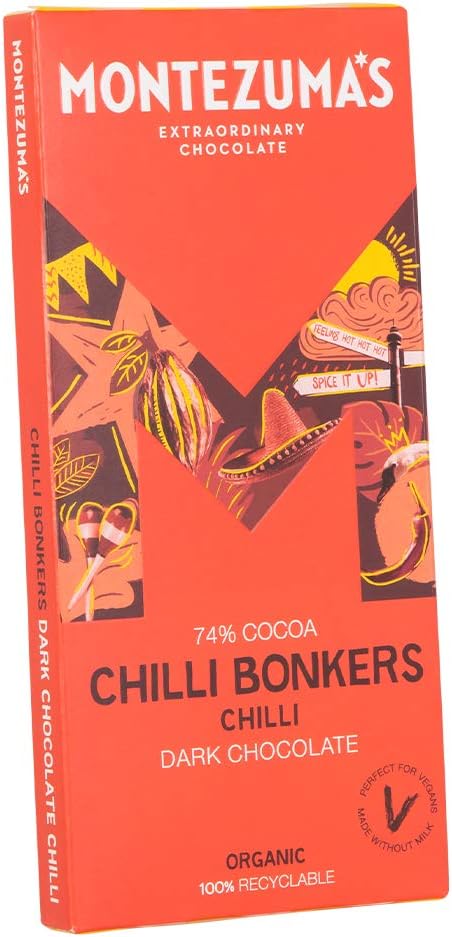 Montezuma's Chilli Bonkers 74% Cocoa Dark Chocolate Bar with Organic Chilli - Vegan, Gluten-Free, 90g