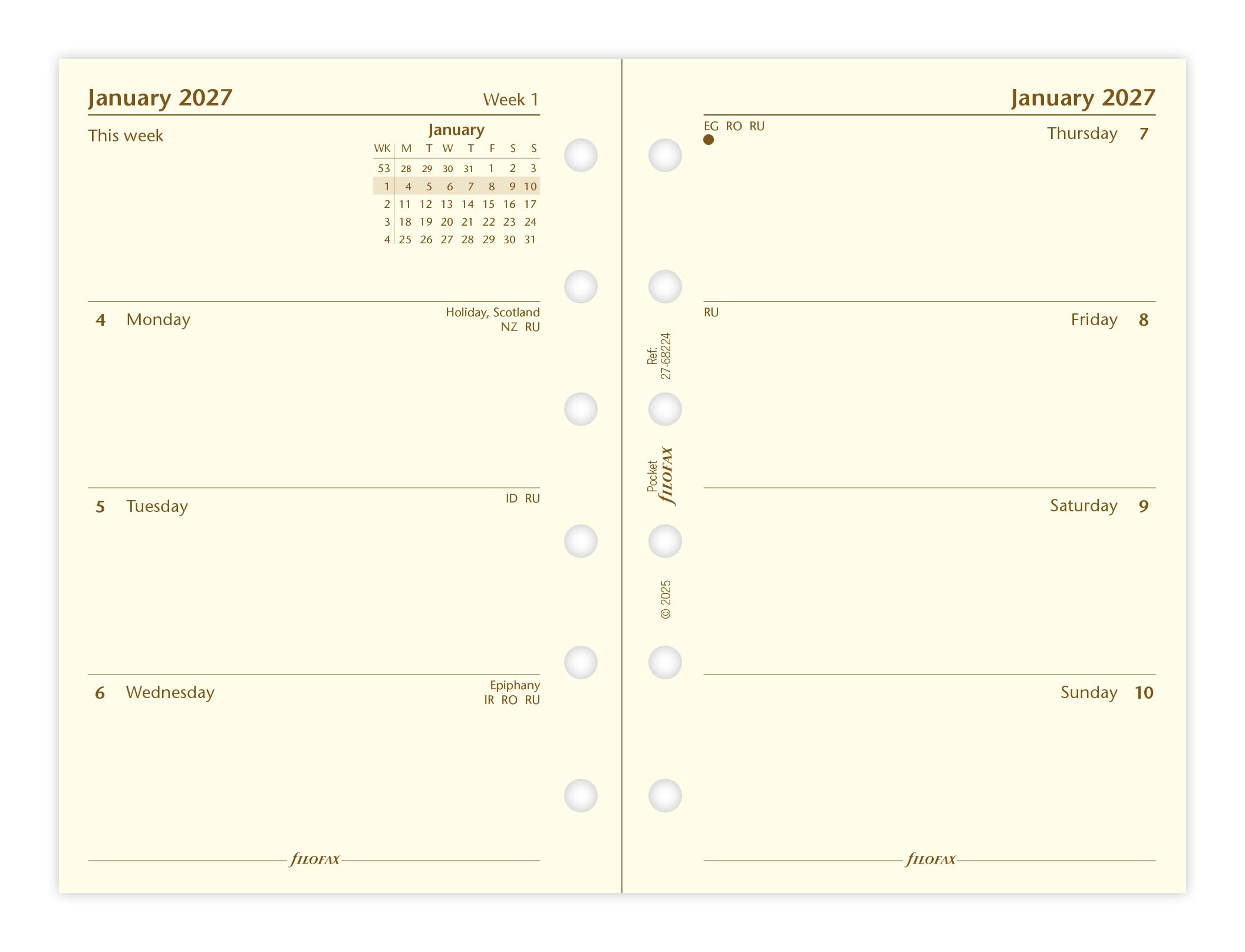 Filofax Pocket Personal Organiser Refill - 2027 Diary | Week on Two Pages | Cotton Cream Paper