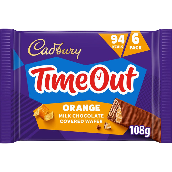 Cadbury Timeout Orange Milk Chocolate Covered Wafer Bars, 6-Pack Crispy Wafers with Zesty Orange Flavour