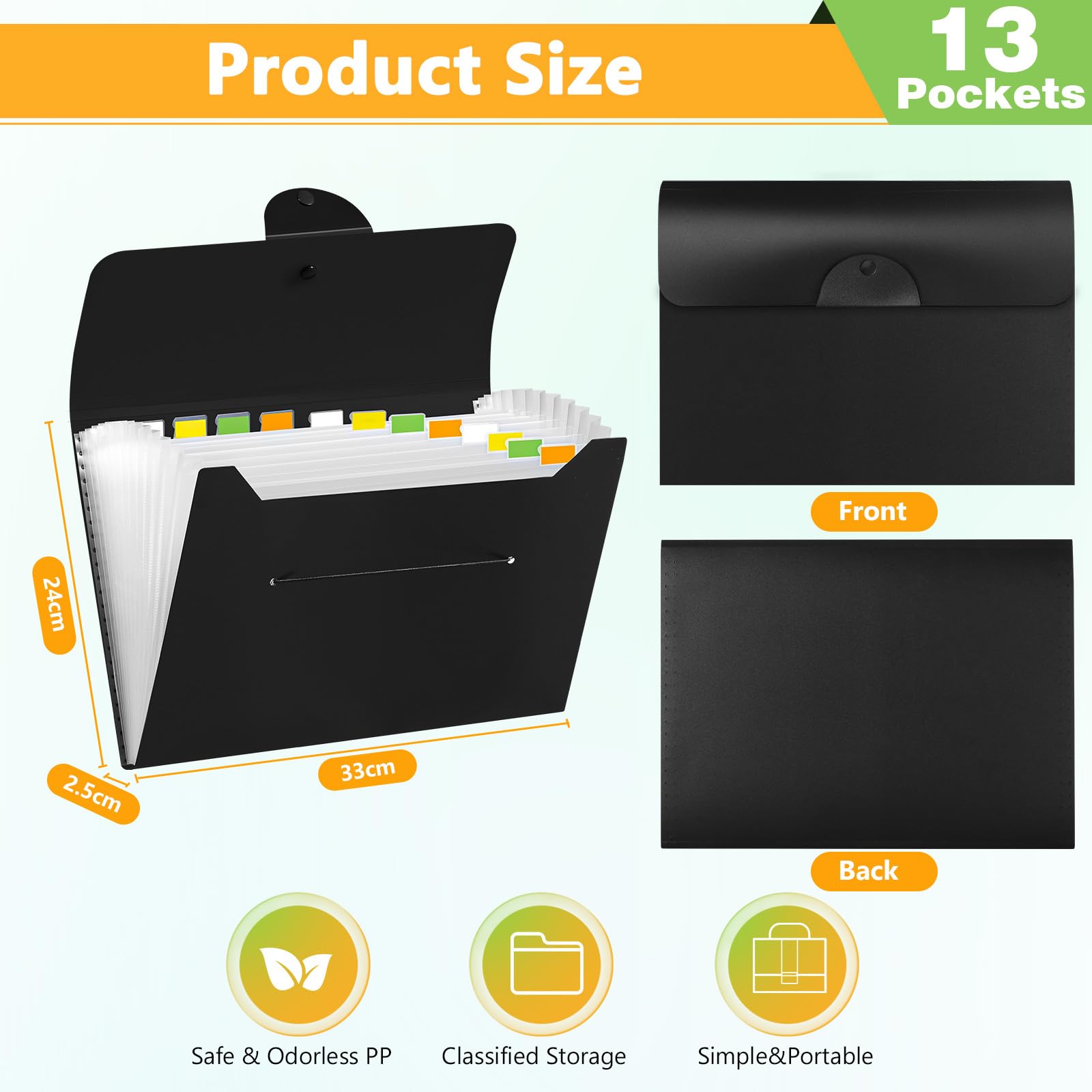 Brencco Expanding File Folder - 13 Pockets, Black Polypropylene (PP) Document Organizer | Snap Closure 2