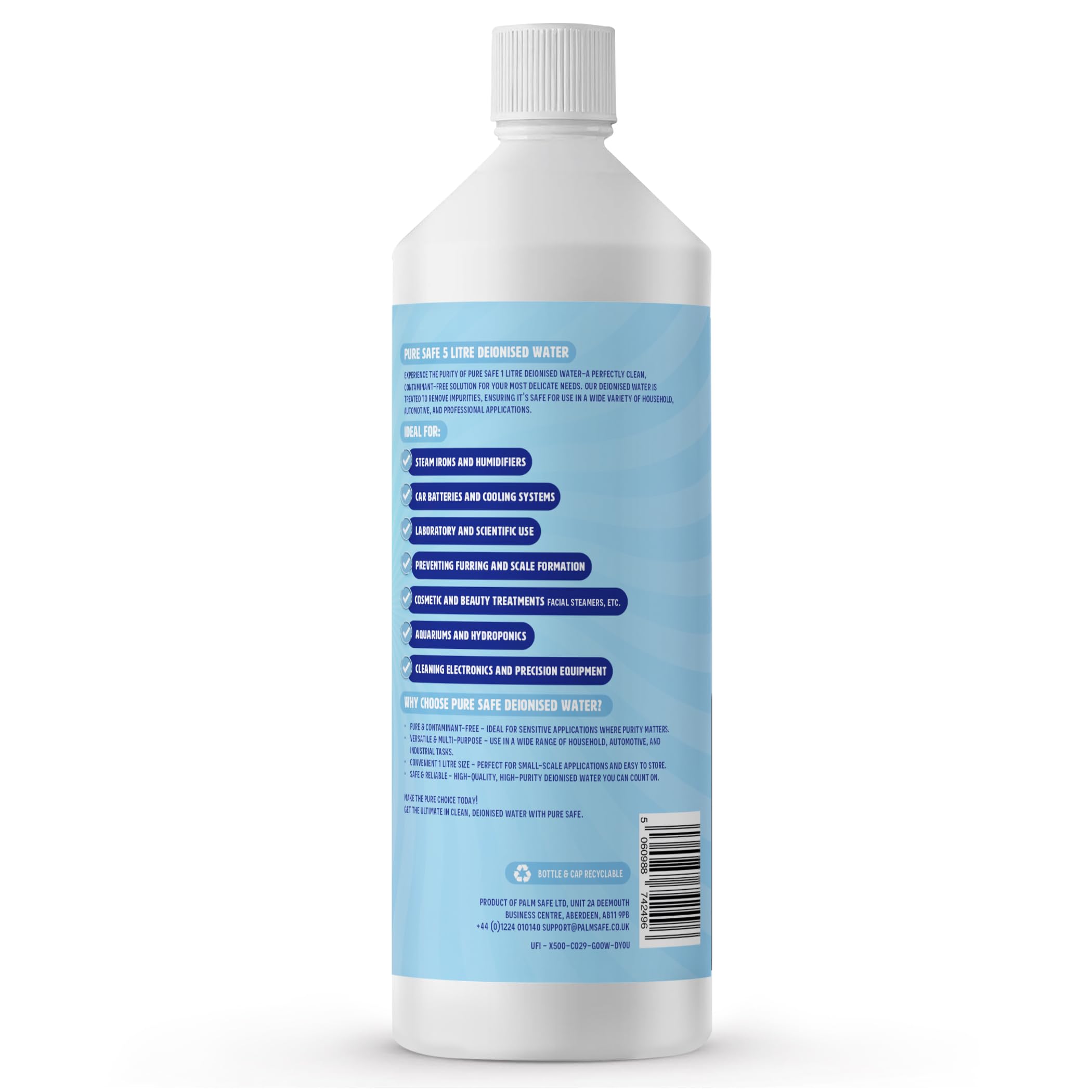 Pure Safe Deionised Water - 1 Litre Mineral-Free Liquid for Appliances & Batteries