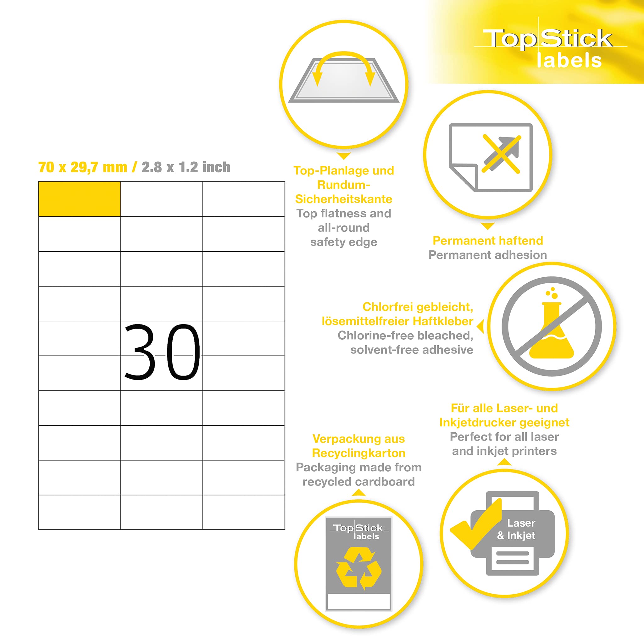 TopStick 8703 Multi-Purpose Printer Labels - 70 x 29.7 mm, White, 3000 Labels (100 Sheets) 6