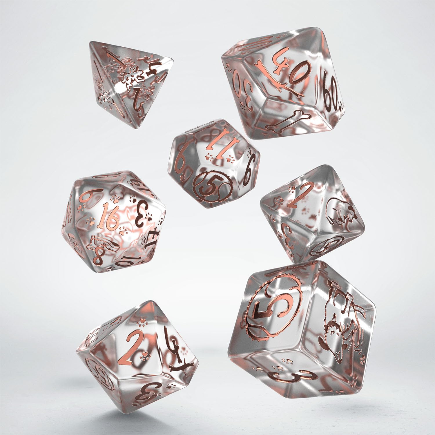 Q WORKSHOP Dogs Dice Set Bella - 7 Polyhedral Dice | Translucent & Copper | Plastic 2