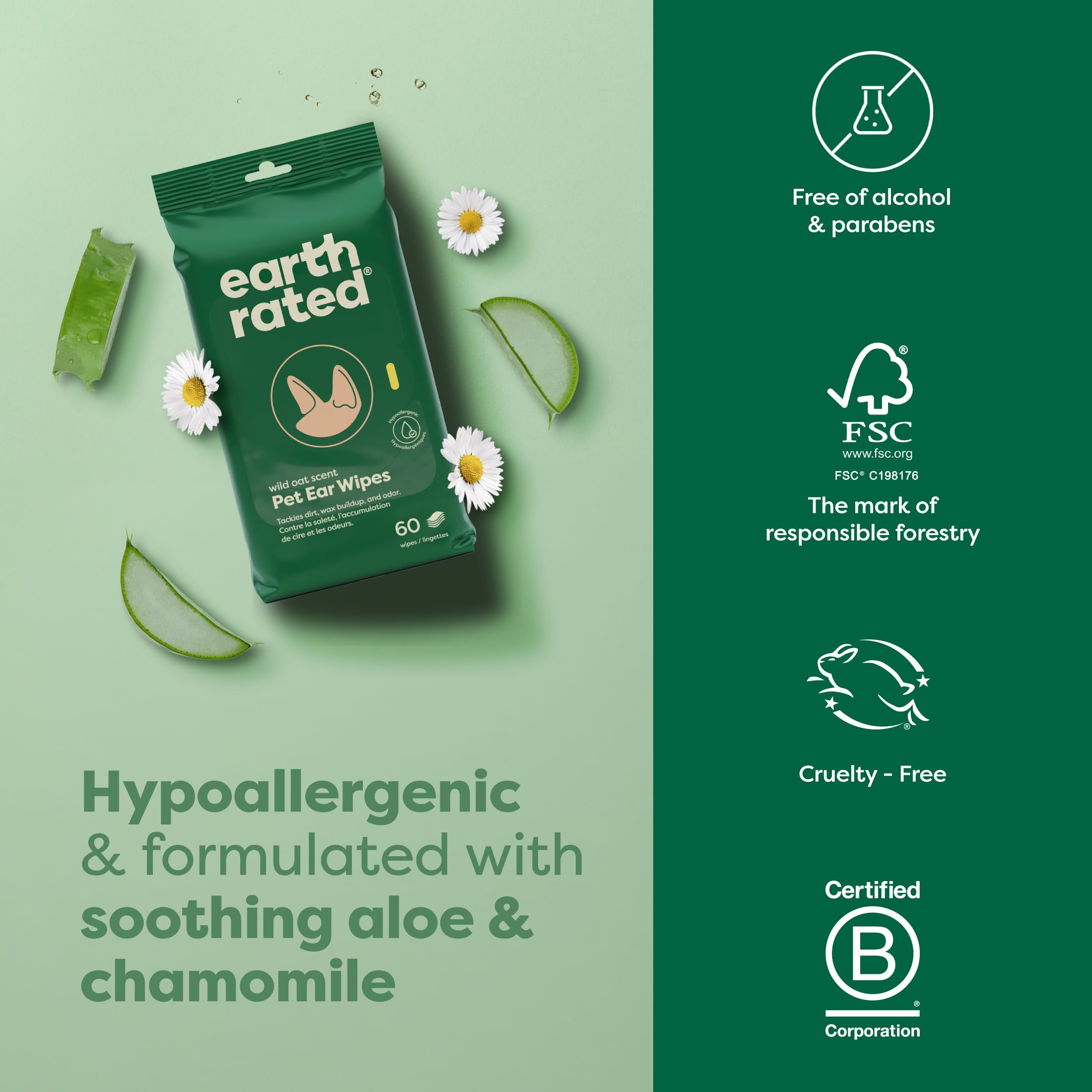 Earth Rated Vet-Developed Hypoallergenic Dog Ear Wipes with Aloe Vera & Chamomile | 70 Count | Wild Oat Scented 5