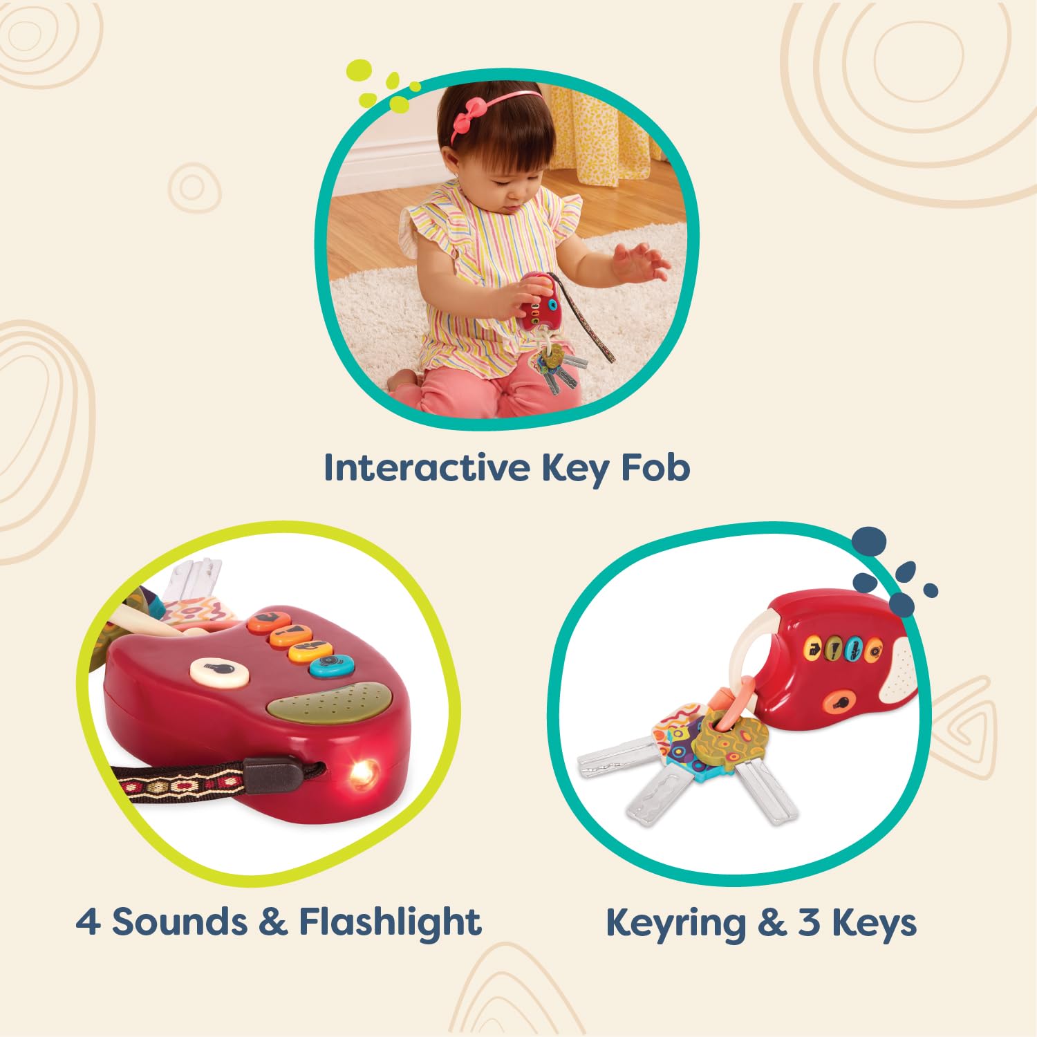B. toys FunKeys - Toy Car Keys with Lights, Sounds & Flashlight for Toddlers 10 Months+ 6