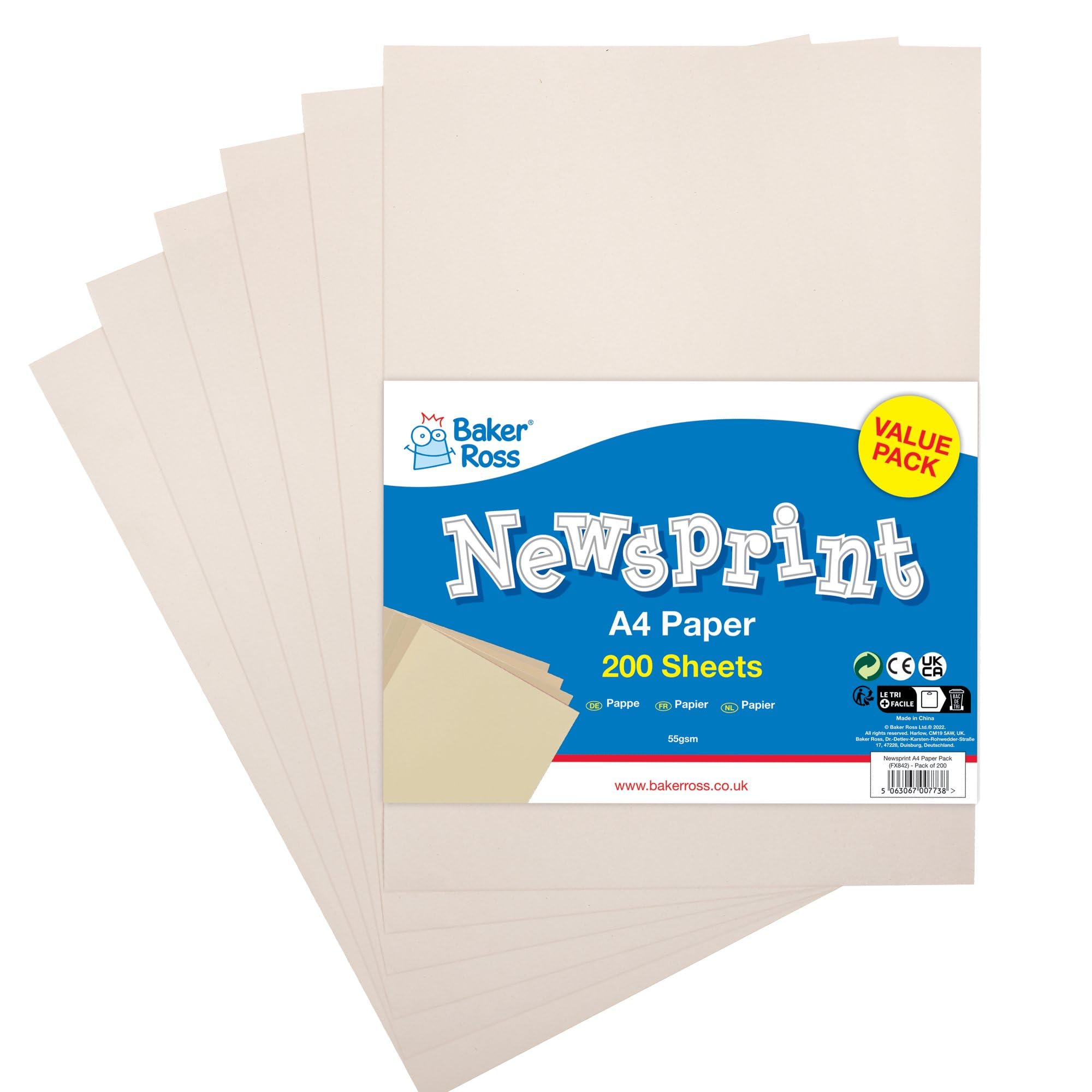 Baker Ross Newsprint Paper Pack - 200 A4 Sheets for Crafting and Wrapping | 55gsm 1