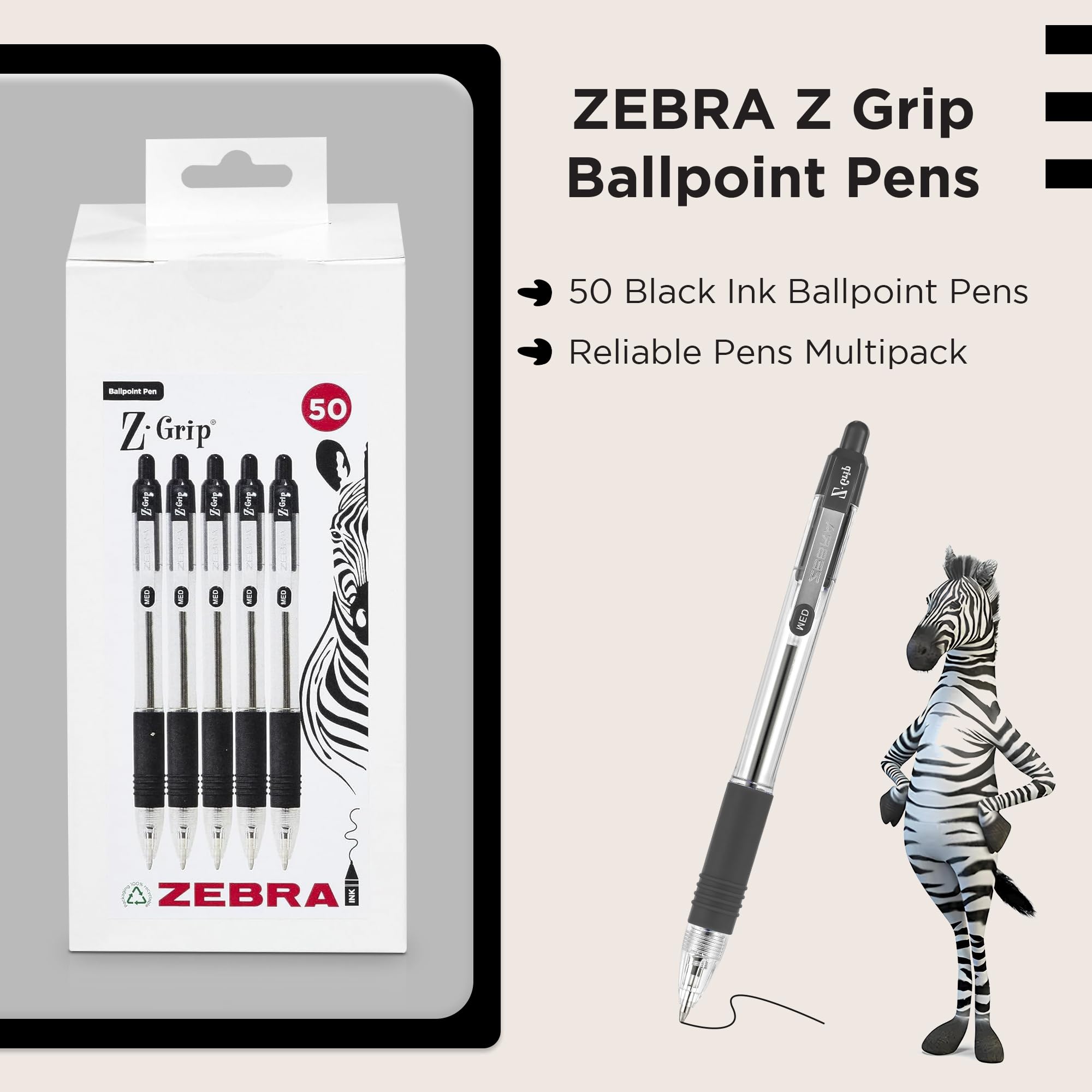 Zebra Pen Z Grip Ballpoint Pens - 50 Count Black Ink, Medium Point, Retractable | Soft Ribbed Grip 2