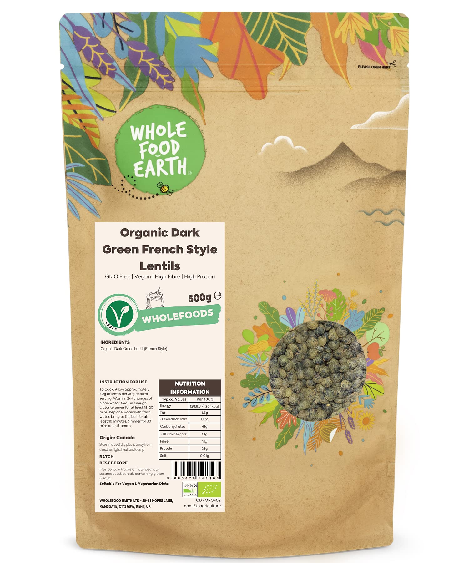 Wholefood Earth Organic Dark Green French Style Lentils - 500g | High Protein | GMO Free