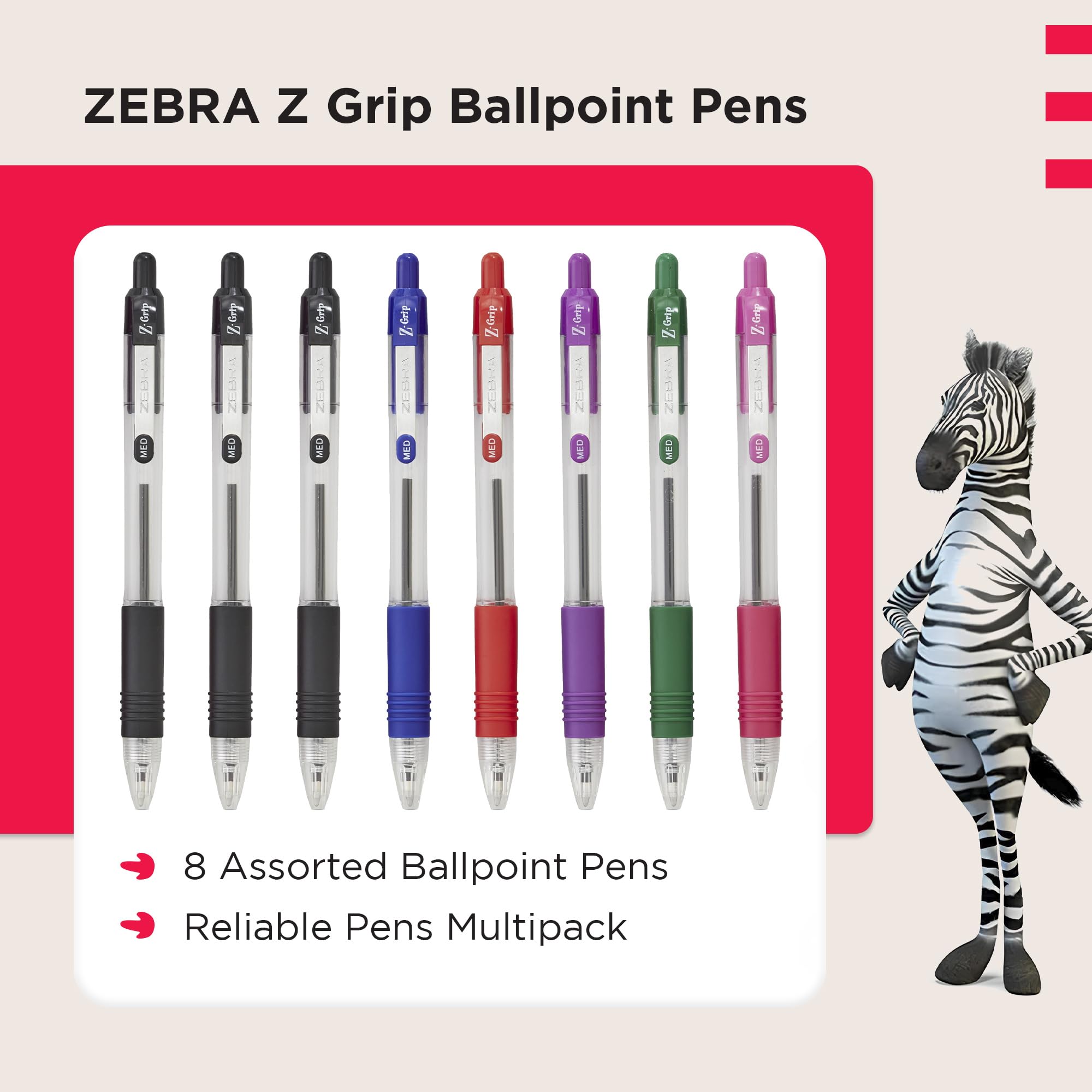 Zebra Pen Z Grip Retractable Ballpoint Pens - Assorted Colors, 8 Pack | Medium Point | Soft Ribbed Grip