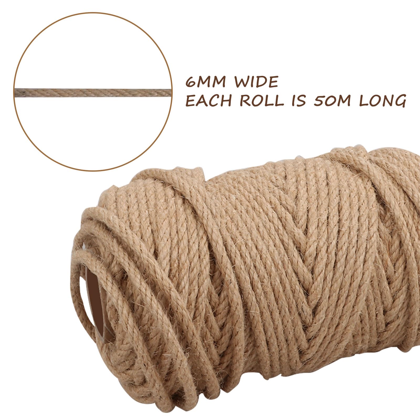 ASelected Natural Jute Rope - 50m x 6mm Durable Sisal Twine for Cat Scratcher Repair & DIY Projects