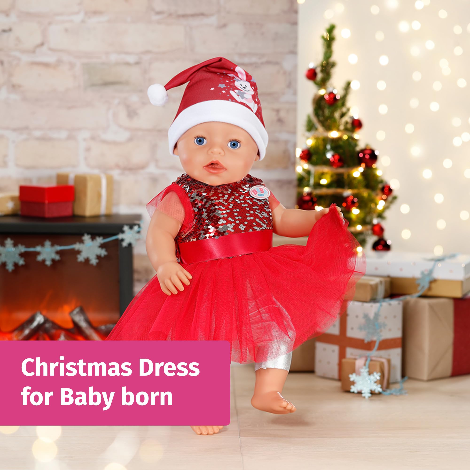 BABY born Christmas Dress - Festive Outfit with Sequins, Leggings & Hat for 43cm Dolls
