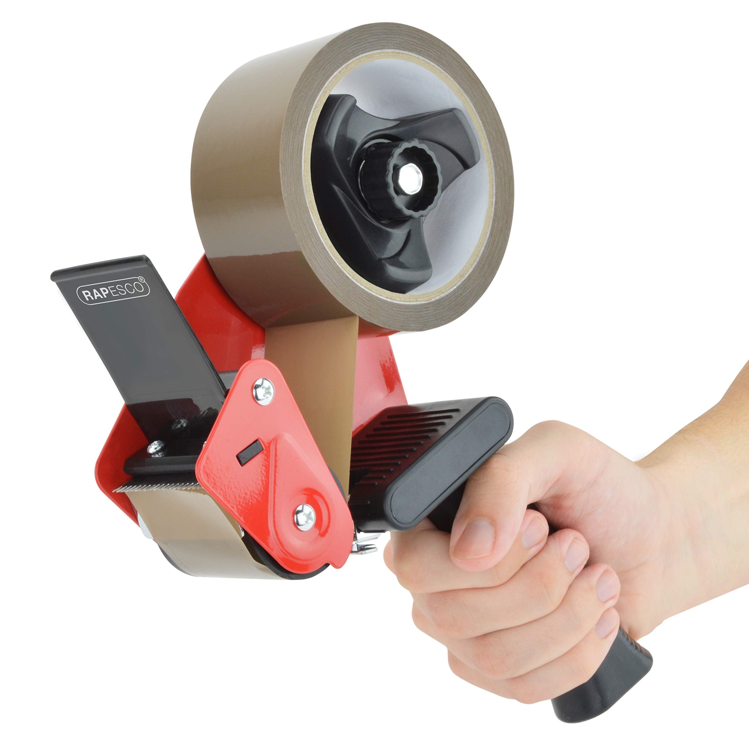 RAPESCO 1556 Packaging Tape Dispenser - Heavy-Duty Steel, Antibacterial Handle, Includes 2 Brown Tapes