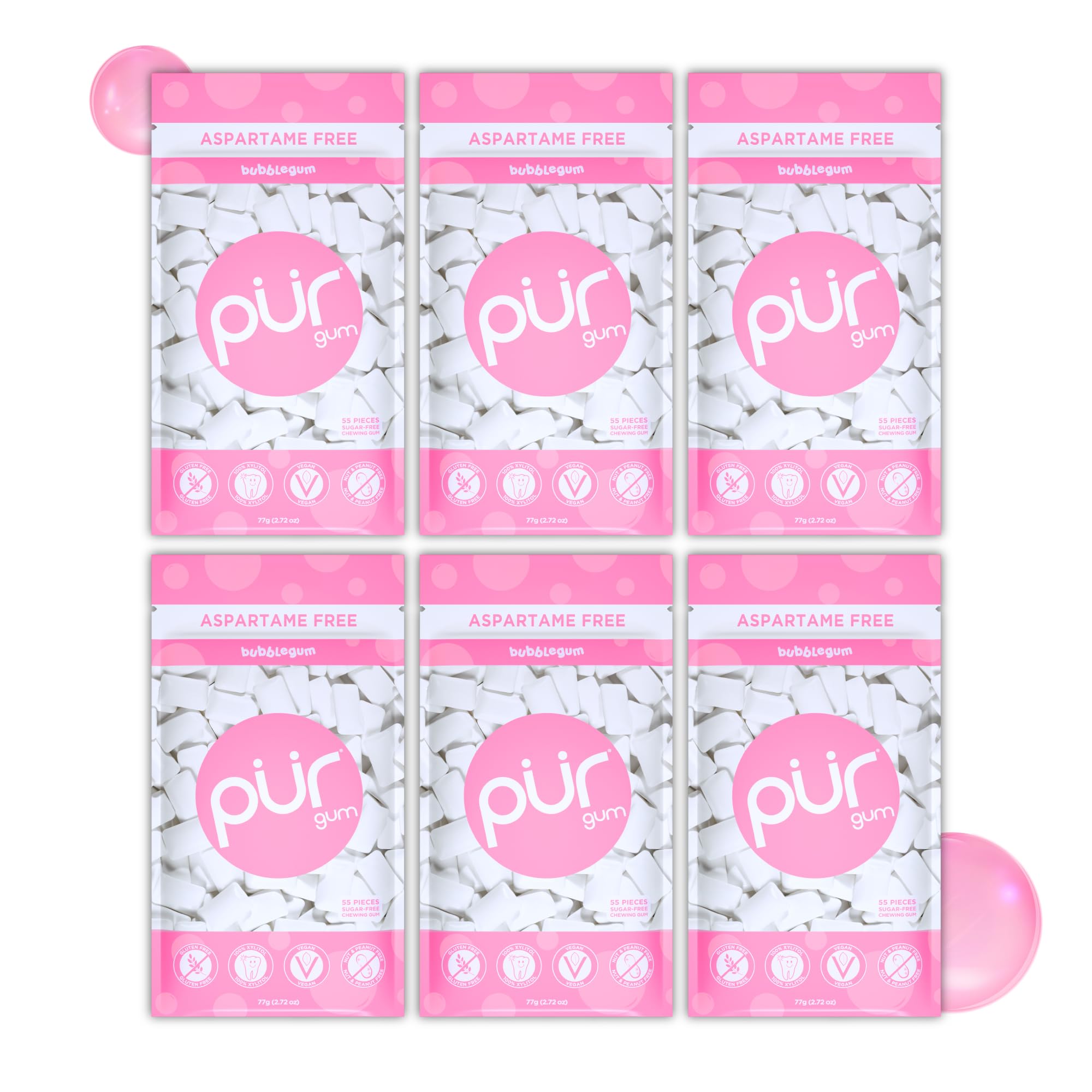 PUR - Natural Bubblegum Flavored Sugar-Free Chewing Gum with Xylitol, Vegan, Aspartame-Free, Gluten-Free, Keto-Friendly (55 Pieces, Pack of 6) 1