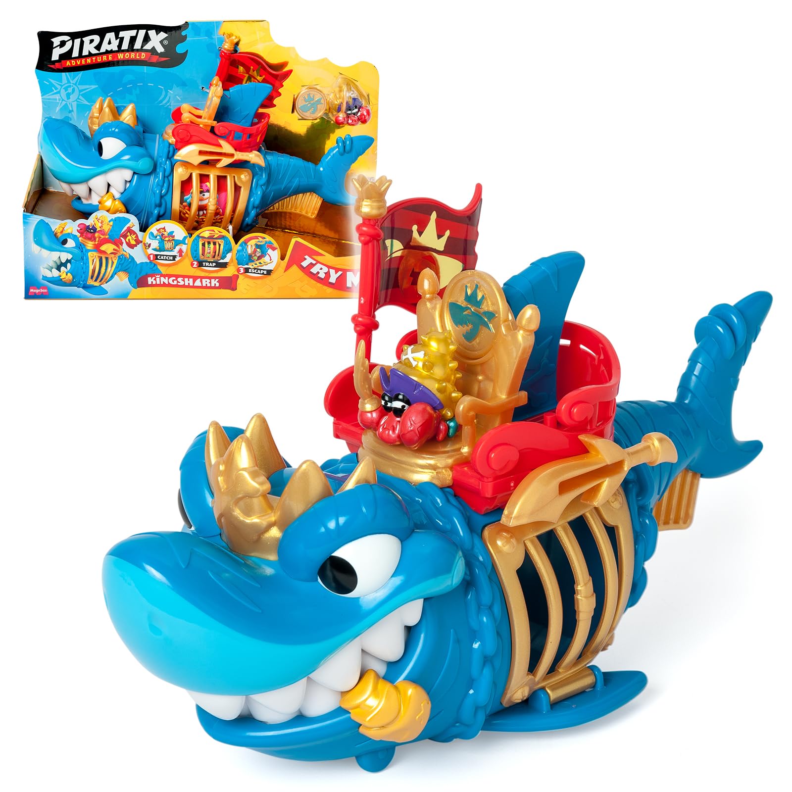 PIRATIX ADVENTURE WORLD King Shark Playset - Articulated Shark with Capture Cage | Blue | Ages 3+