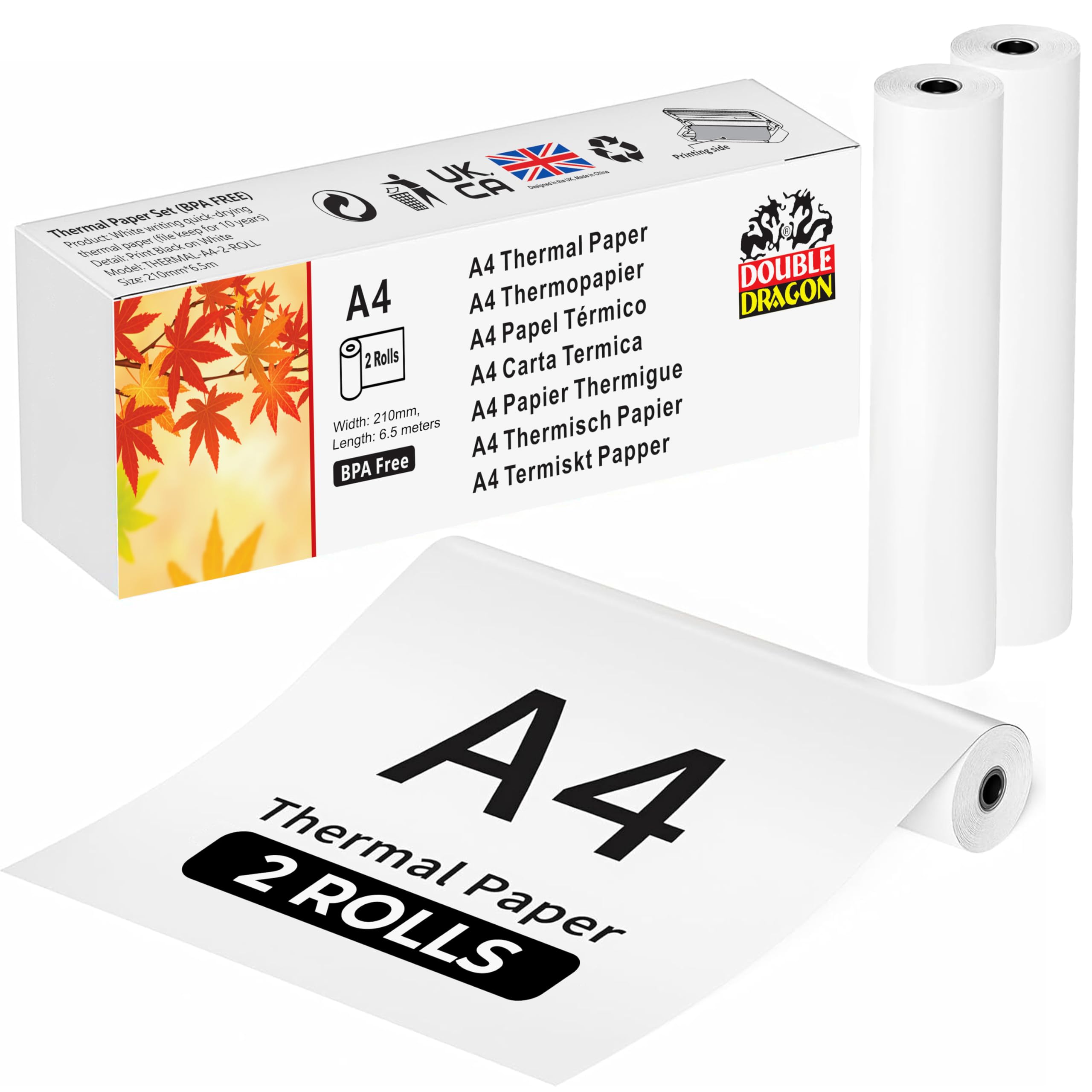 Double Dragon Thermal Printer Paper - 2 Rolls A4 Size (210mm x 6.5m) | Inkless & Water-Resistant