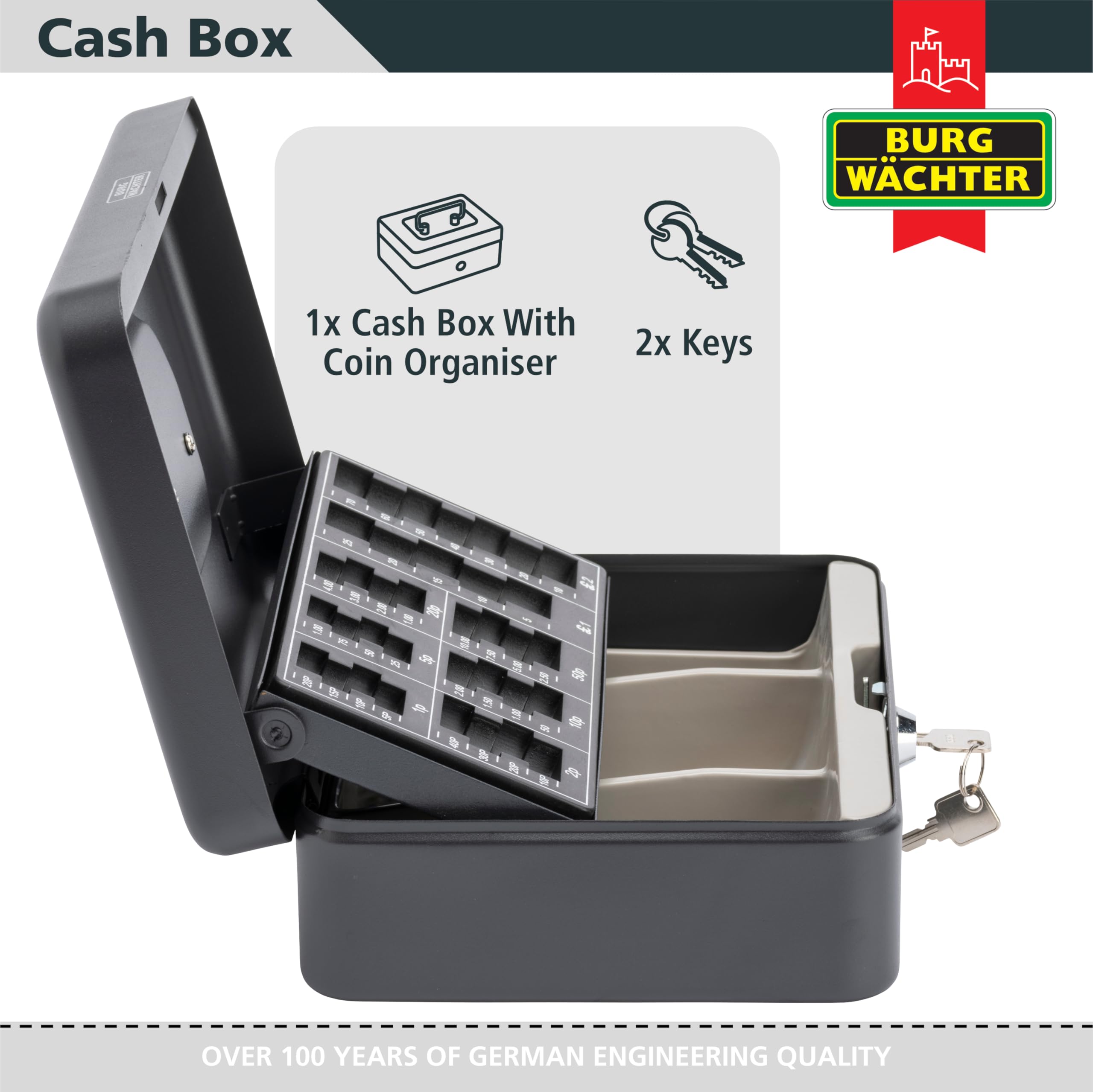 Burg-Wächter CB03GBBK 10' Cash Box with Sterling Coin Tray | Black Metal | Key Lock 4