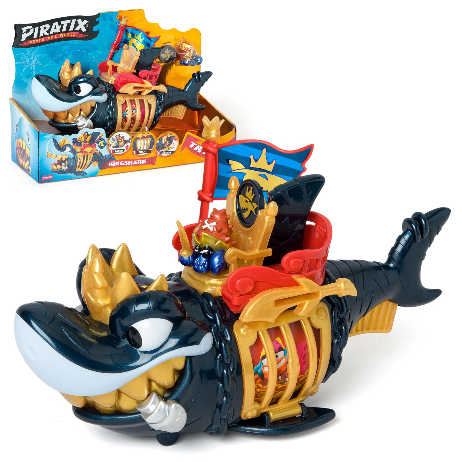 PIRATIX ADVENTURE WORLD King Shark Golden Teeth Playset | Articulated Shark with Cage | Includes Captain Hermitt Figure 1