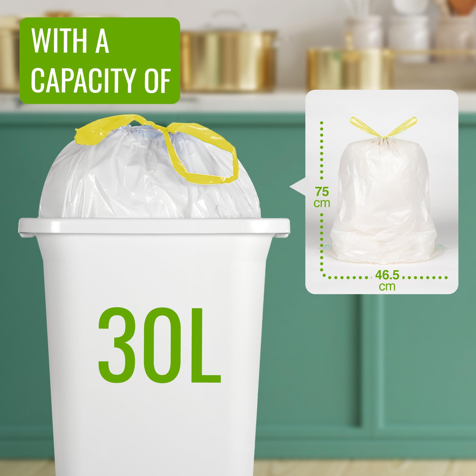 EcoBag 30L Drawstring Bin Liners - 20 Pack Lemon Scented, 25 Micron Thick 2