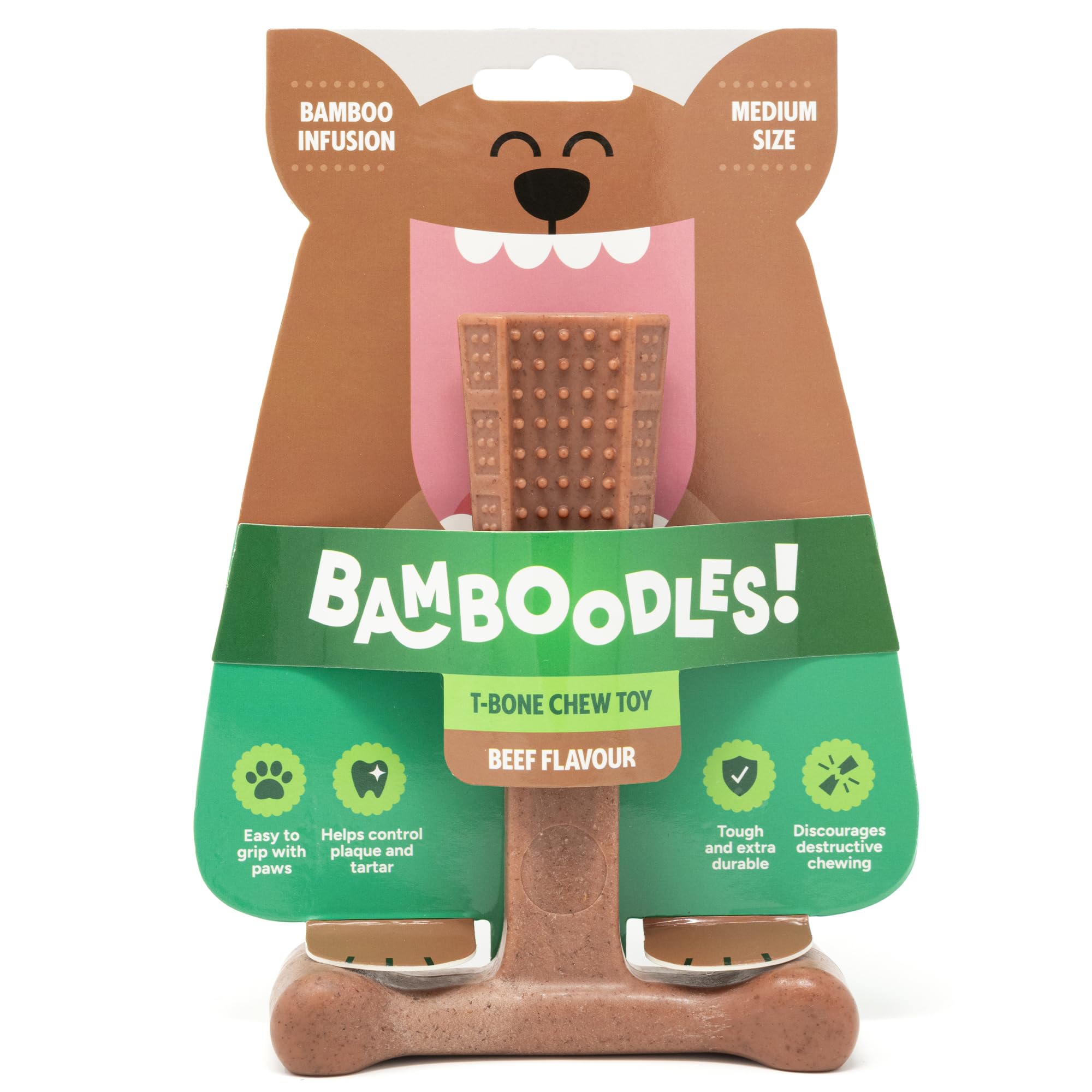 Bamboodles T Bone Dog Chew for Medium Dogs | Beef Flavor | Durable Bamboo & Nylon