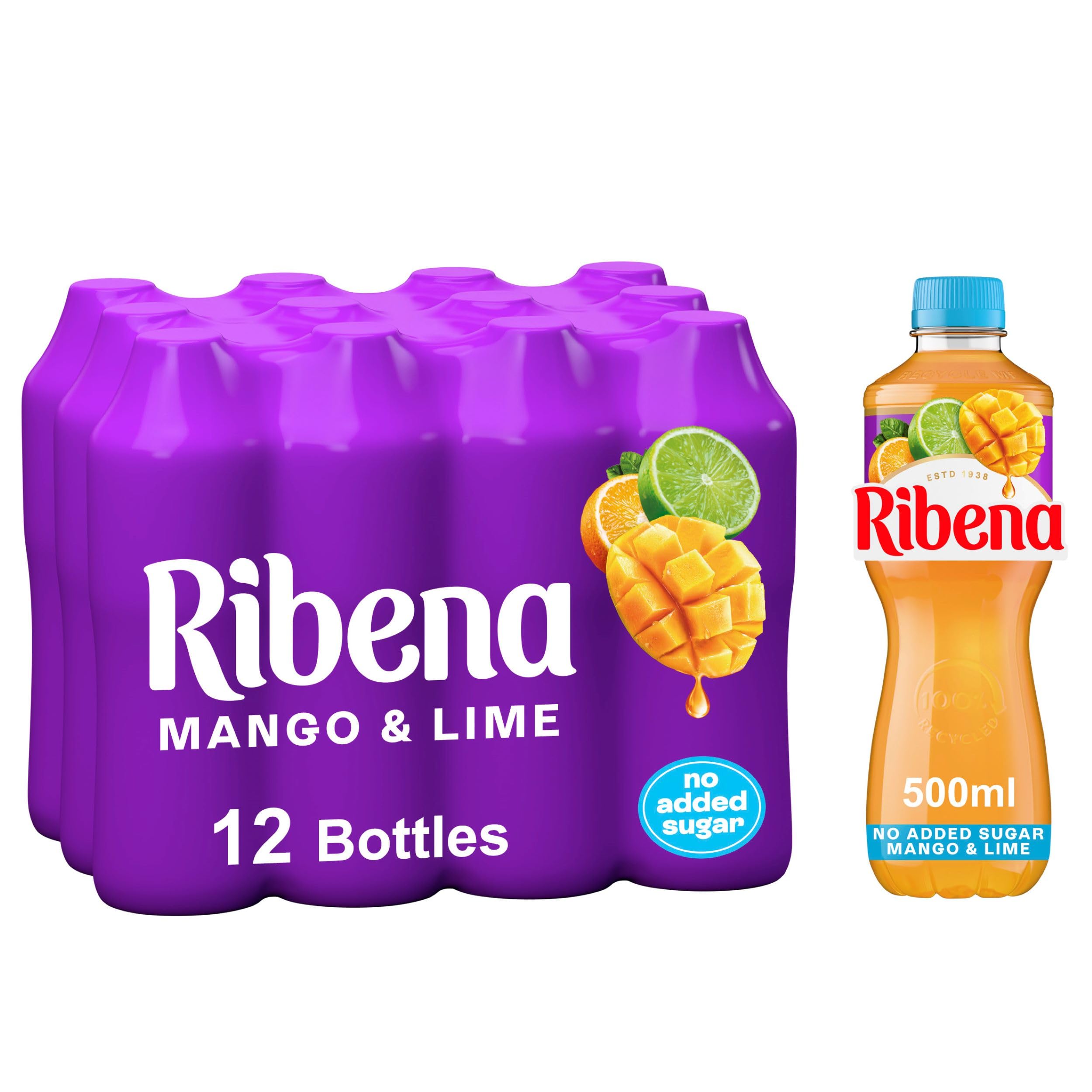 Ribena - Mango and Lime Juice Drink No Added Sugar 500ml - Multipack of 12 1