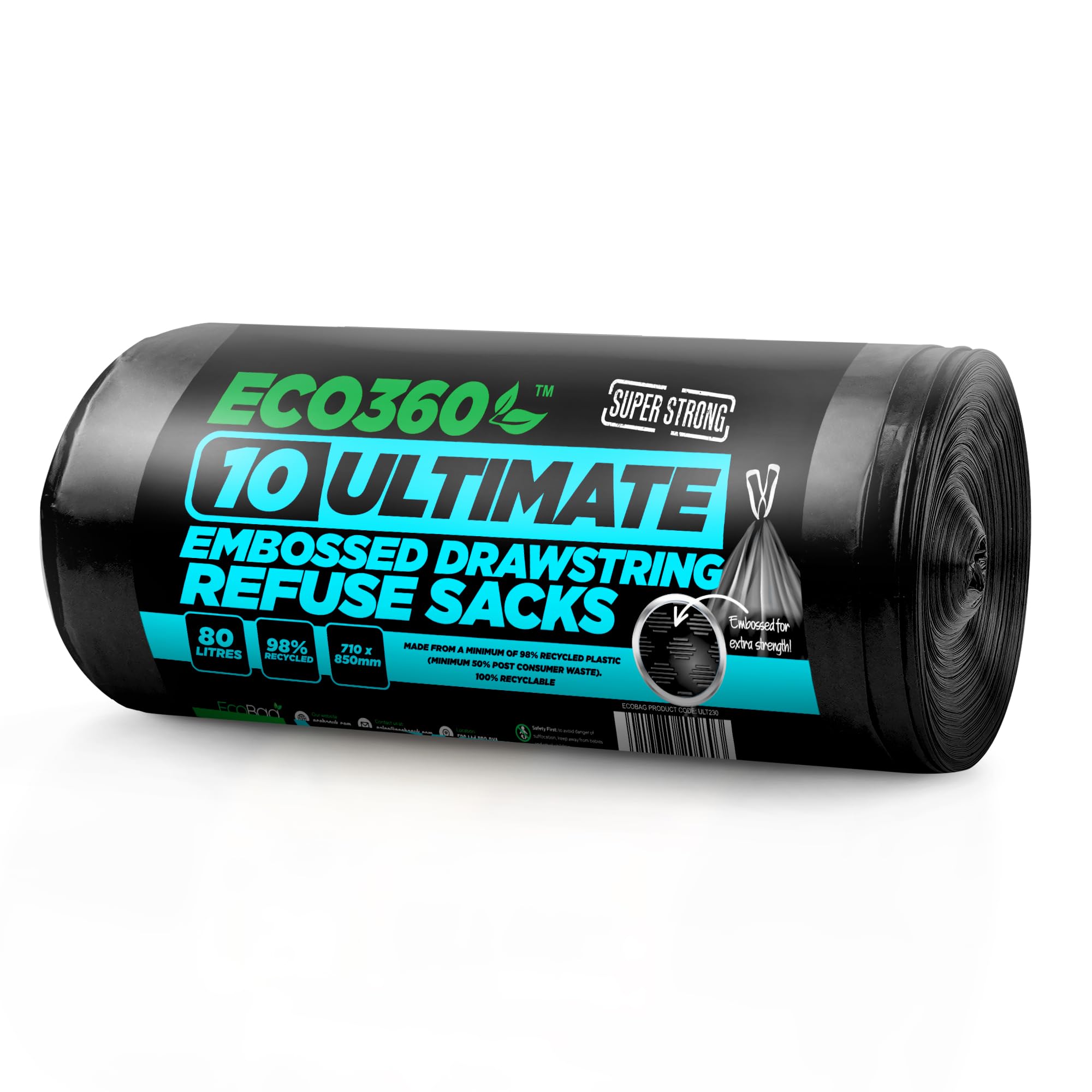 EcoBag Ultimate Embossed Drawstring Bin Liners - 80L Capacity, 10 Pack 1