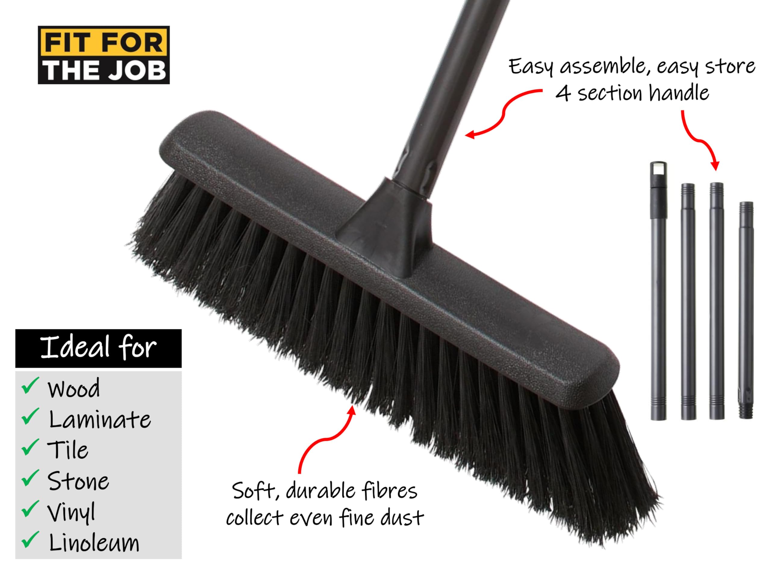 Fit For The Job Indoor Push Broom - Soft Fibres for Laminate, Vinyl & Tile | Lightweight Steel Handle