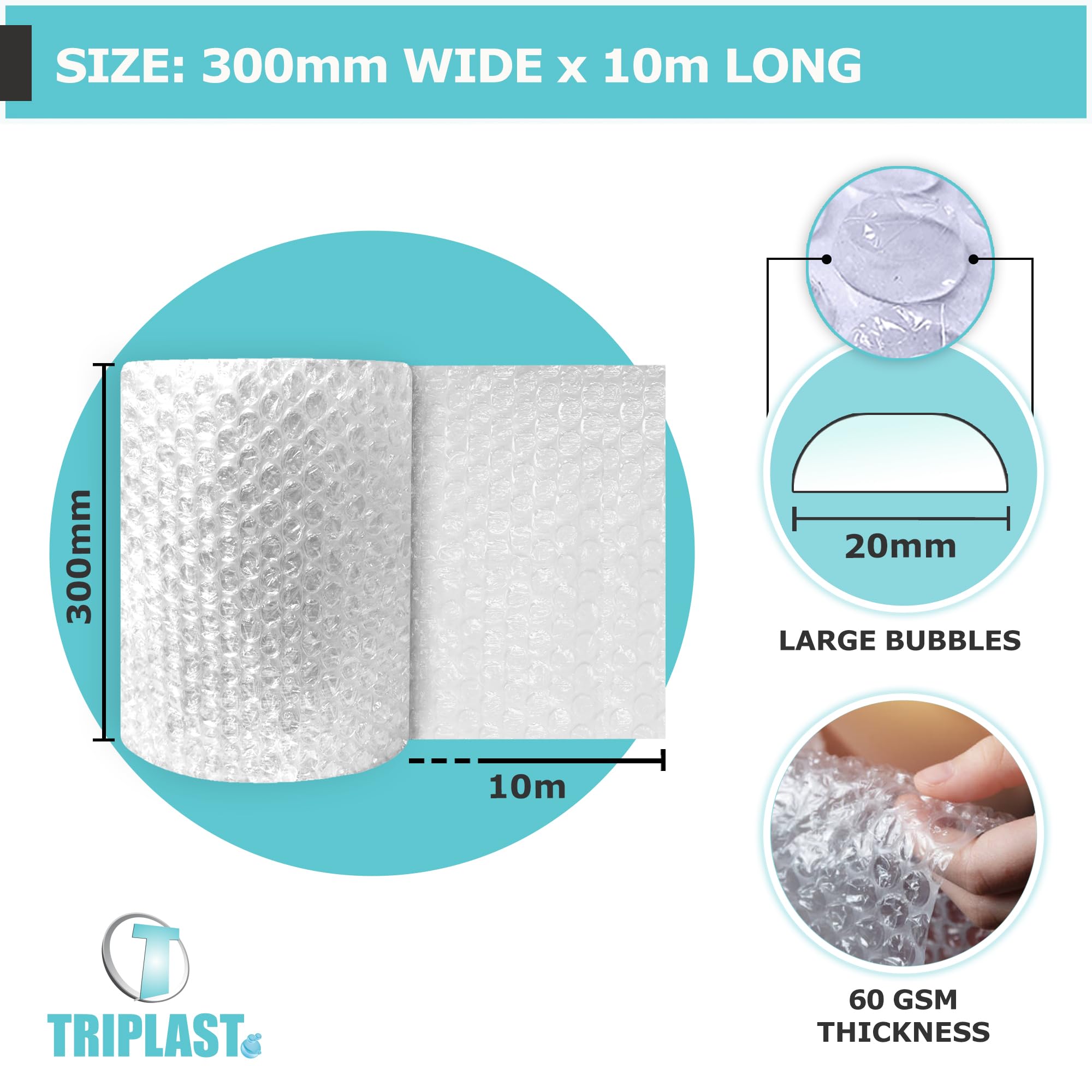 Triplast Large Bubble Wrap Roll - 300mm x 10m | 20mm Large Bubbles | 60gsm Film 2