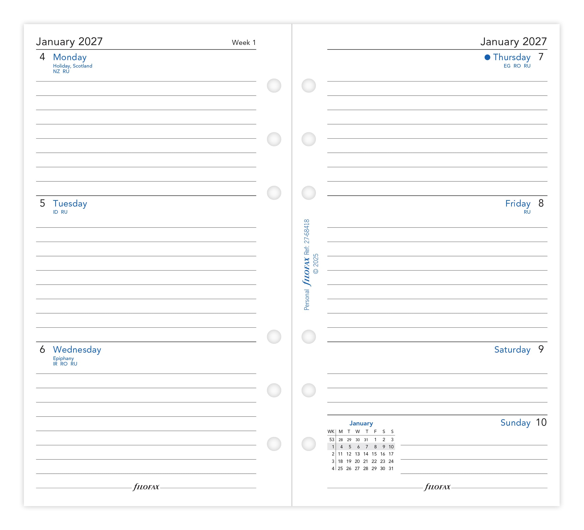 Filofax Personal Organiser Refill - 2027 Diary | Week on Two Pages | Sunday Start | 95mm x 171mm