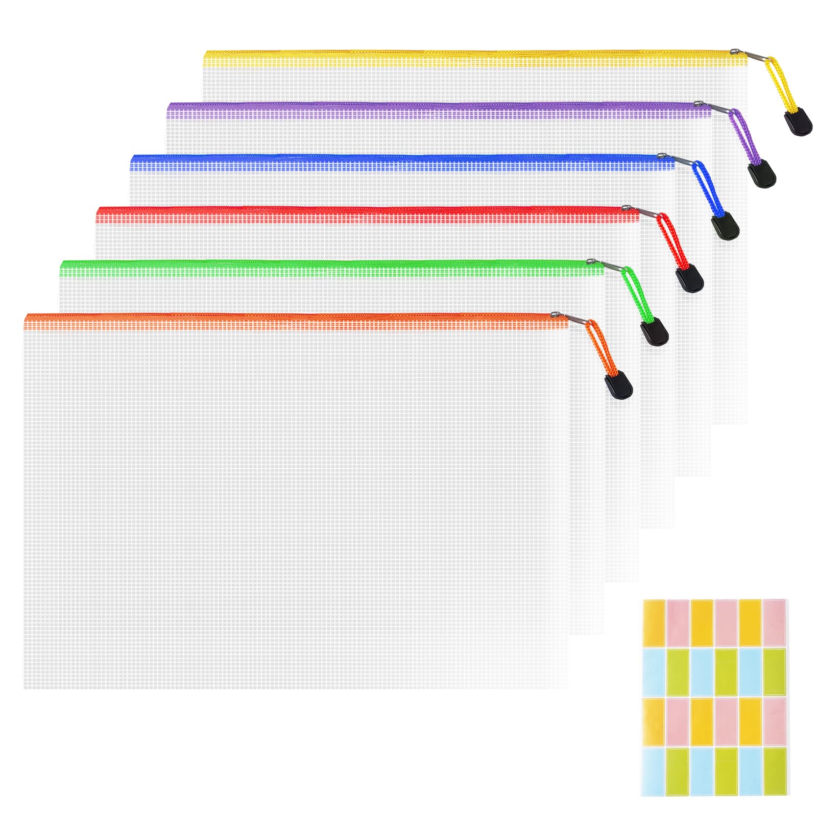 NORTHERN BROTHERS A4 Plastic Zip Wallets - 6PCS Waterproof Document Folders with Labels