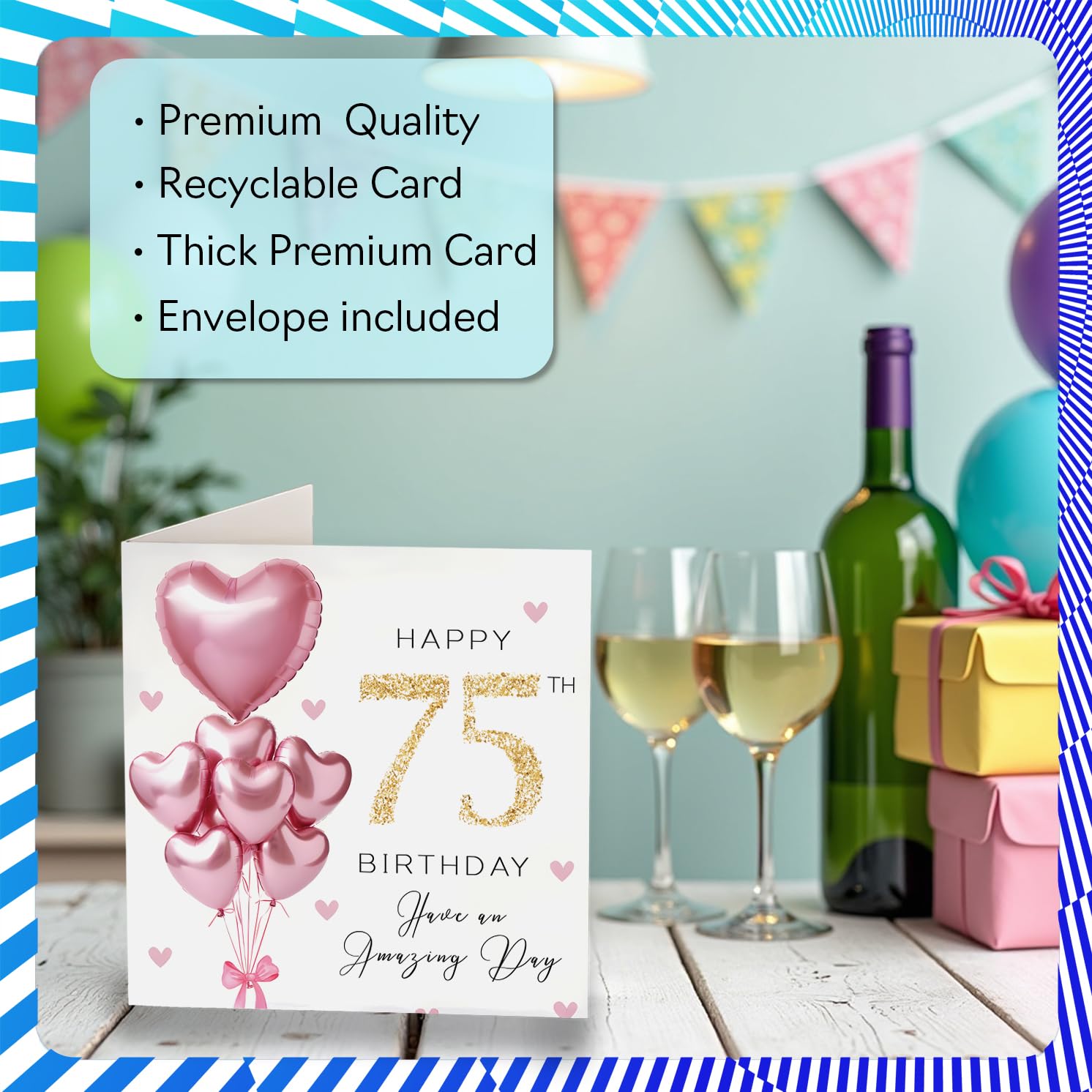 Stuff4 75th Birthday Card for Women - Pink Glitter Balloons | 145mm Square | Blank Inside 3
