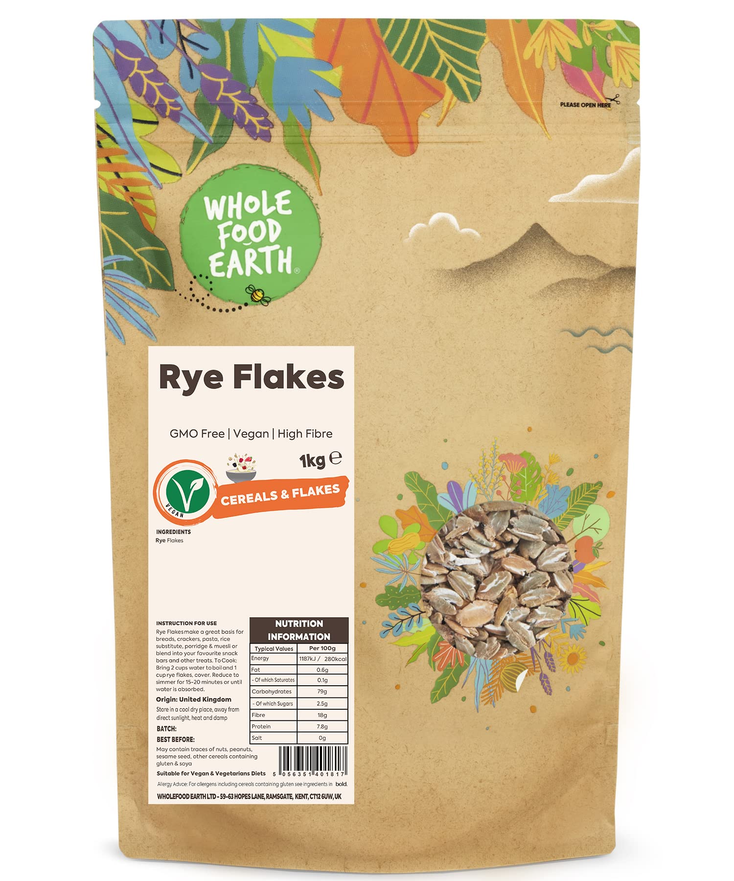 Whole Food Earth® Rye Flakes 1 kg | GMO Free | High Fibre | Vegan | Recyclable Packaging 6