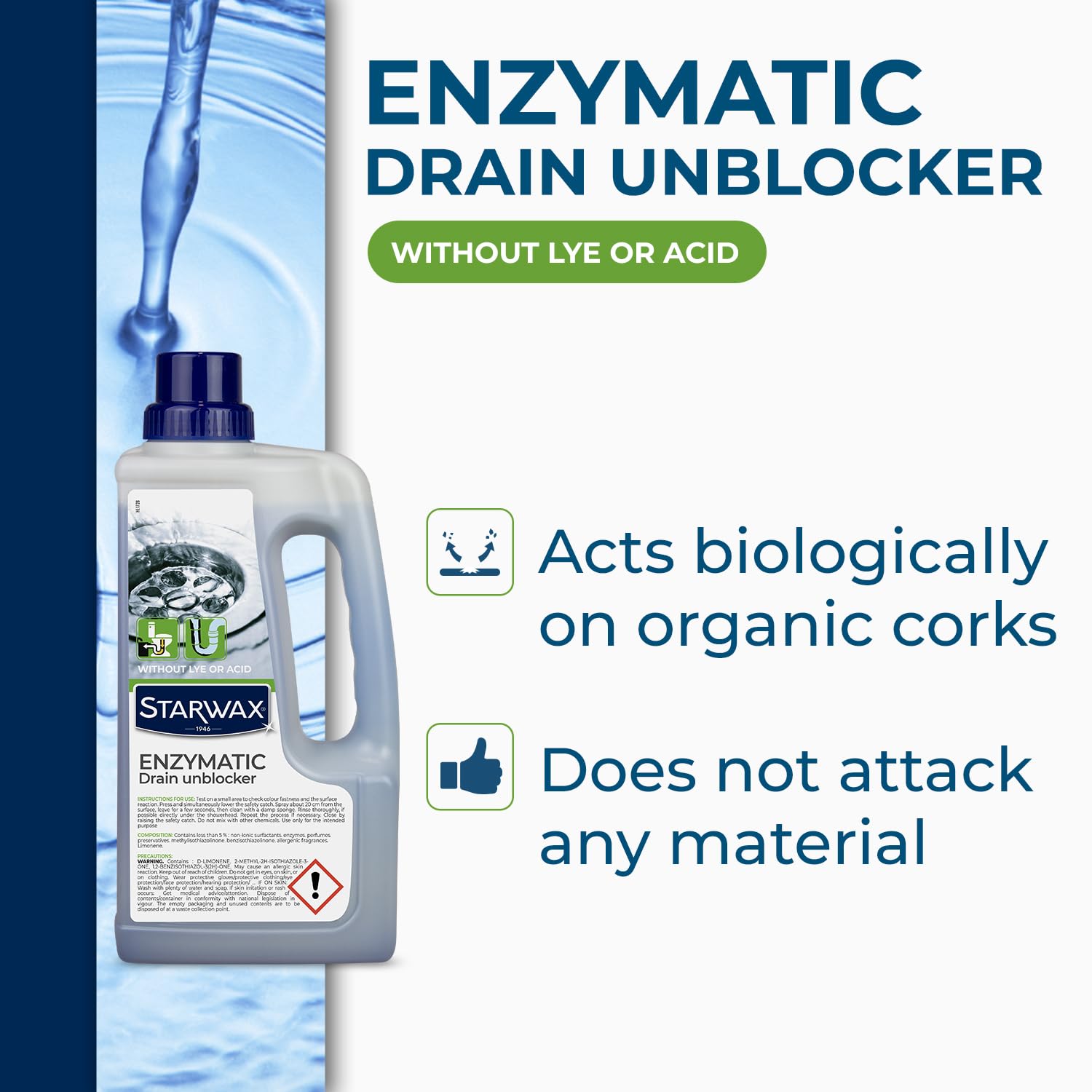 STARWAX Biological Drain Cleaner - Acid Free, Unclogs Drains & Eliminates Odours, 1L