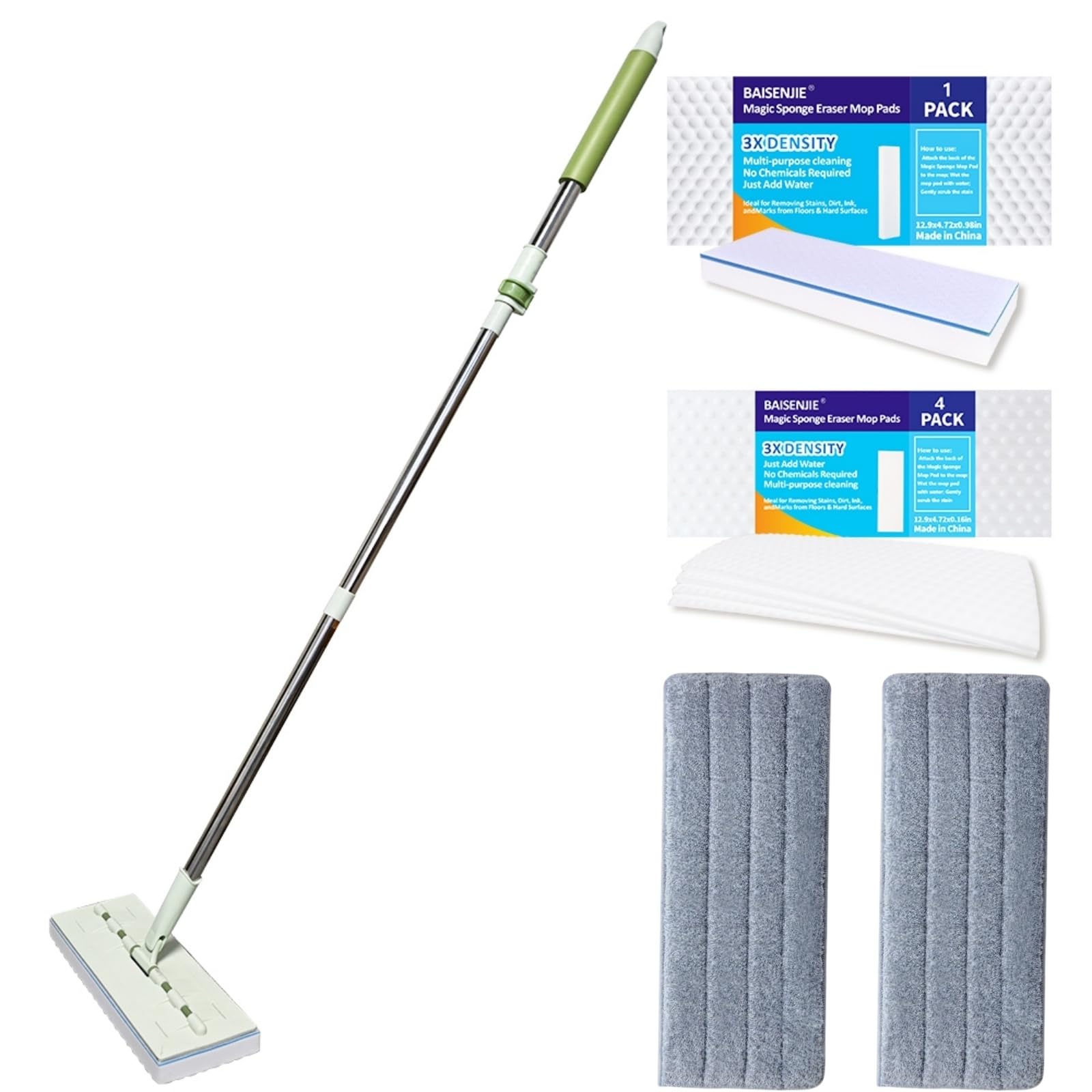 BAISENJIE Flat Mop - 60" Adjustable Handle, 13" Wide Head, Includes 7 Replacement Pads