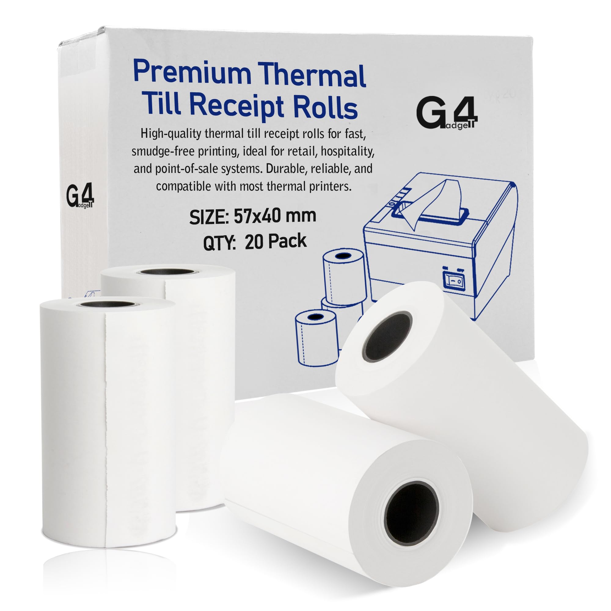 G4GADGET Thermal Paper Till Rolls - 20 Rolls, 57mm x 40m for Cash Registers & Credit Card Machines
