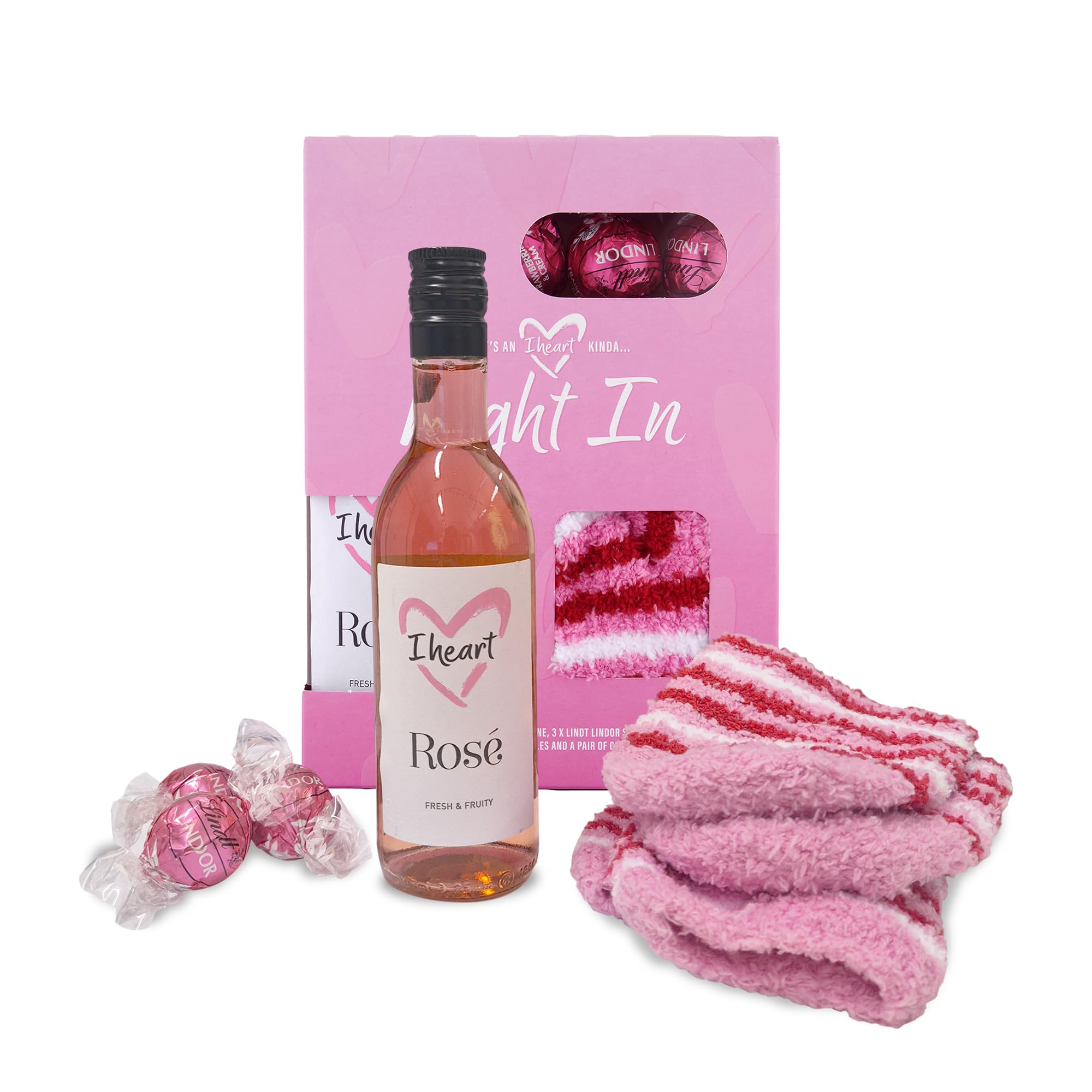 I Heart Rose Wine, Lindt Strawberries & Cream Truffles, and Cozy Stripe Socks Gift Set