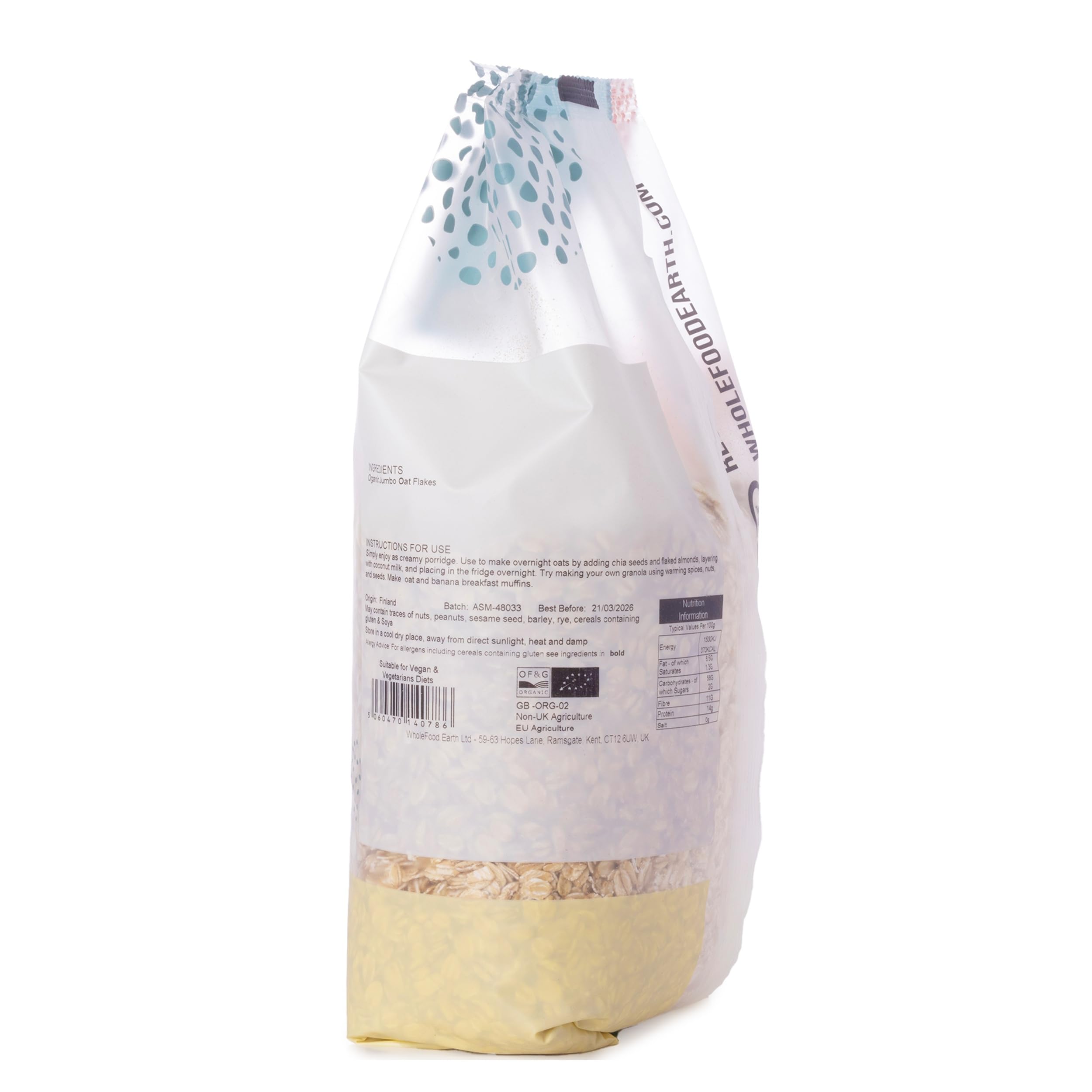 Wholefood Earth Organic Jumbo Oats - 1 kg | High Fibre | Vegan | GMO Free