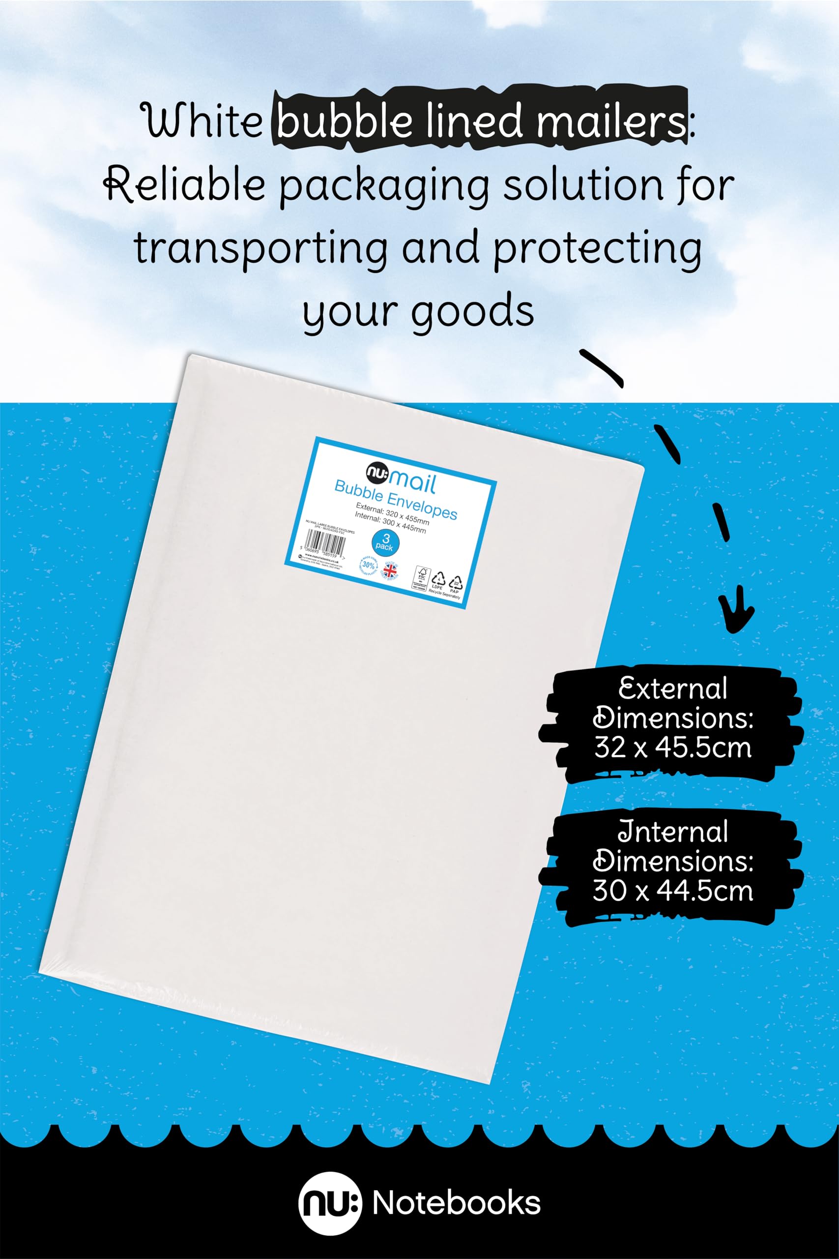 nu: Large Padded Bubble Envelope Mailers - 3 Pack | Self-Seal Protective Packaging | White 2