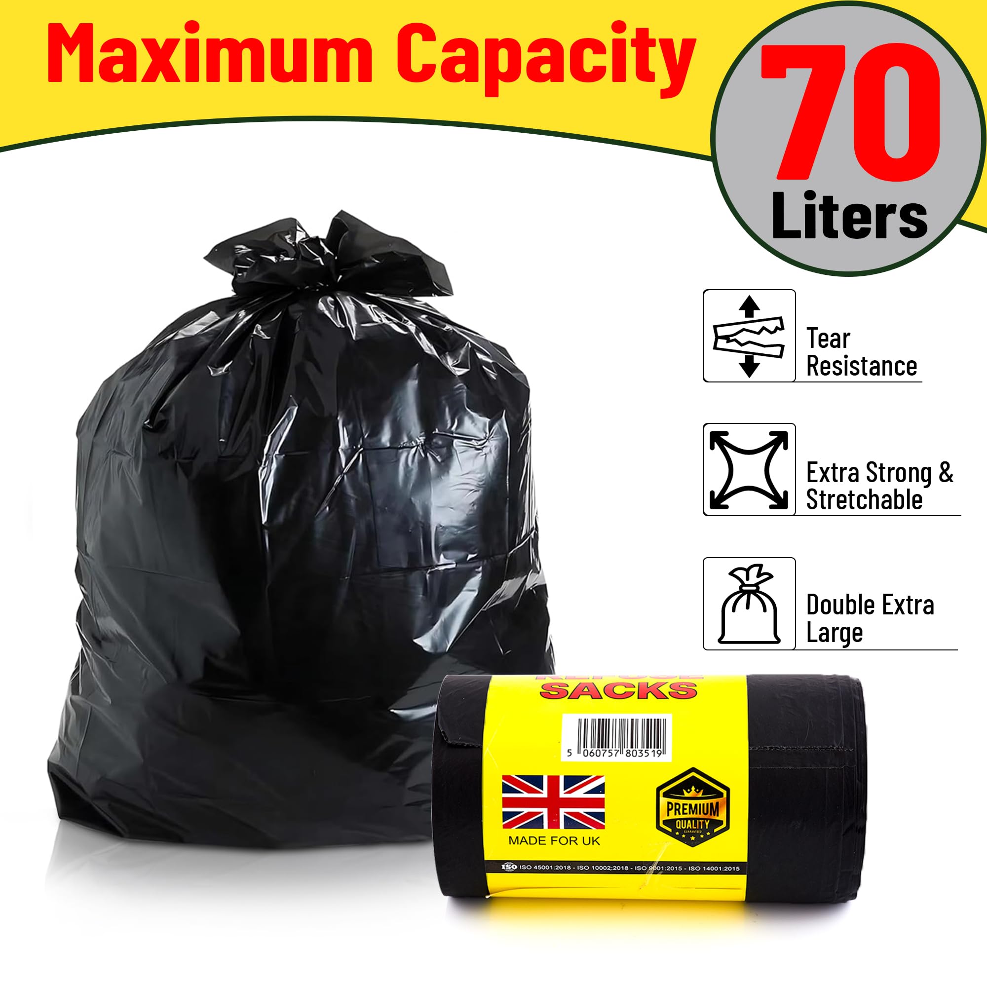 REQUISITE NEEDS Ultra Heavy Duty Refuse Sacks - 70L Capacity | Pack of 40 | Black 2