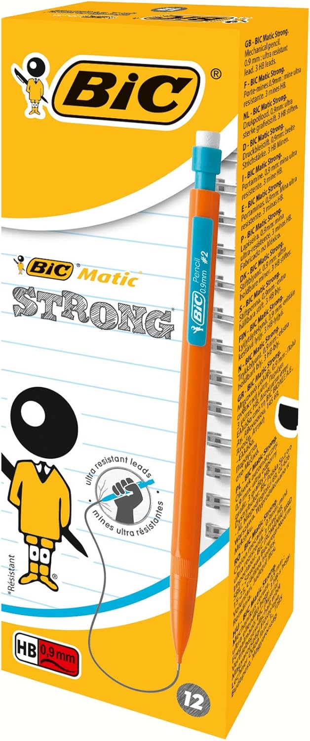 BIC Matic HB Mechanical Pencils and Eraser, Assorted Barrel Colours with Fine Point (0.9 mm), Pack of 12 1