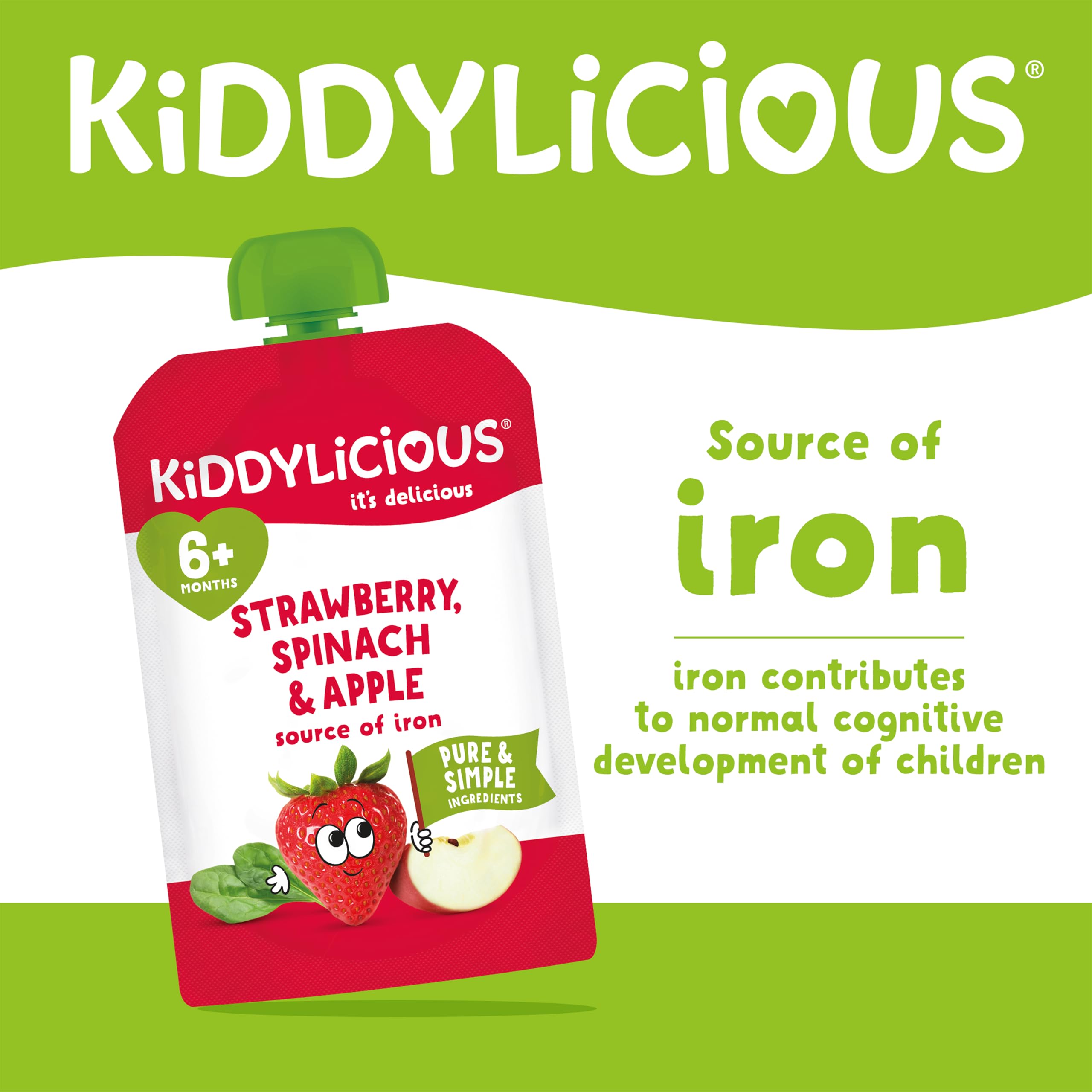 Kiddylicious Apple, Strawberry & Spinach Fruit Pouches - 6 x 100g Pack | Suitable for 6+ Months 2