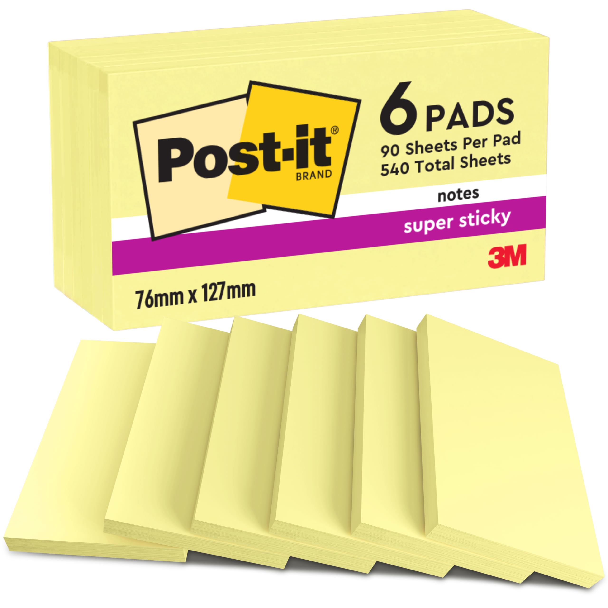 Post-it Super Sticky Notes Pad - Canary Yellow | 2x Sticking Power | 76 x 127 mm | 6 Pads of 90 Sheets